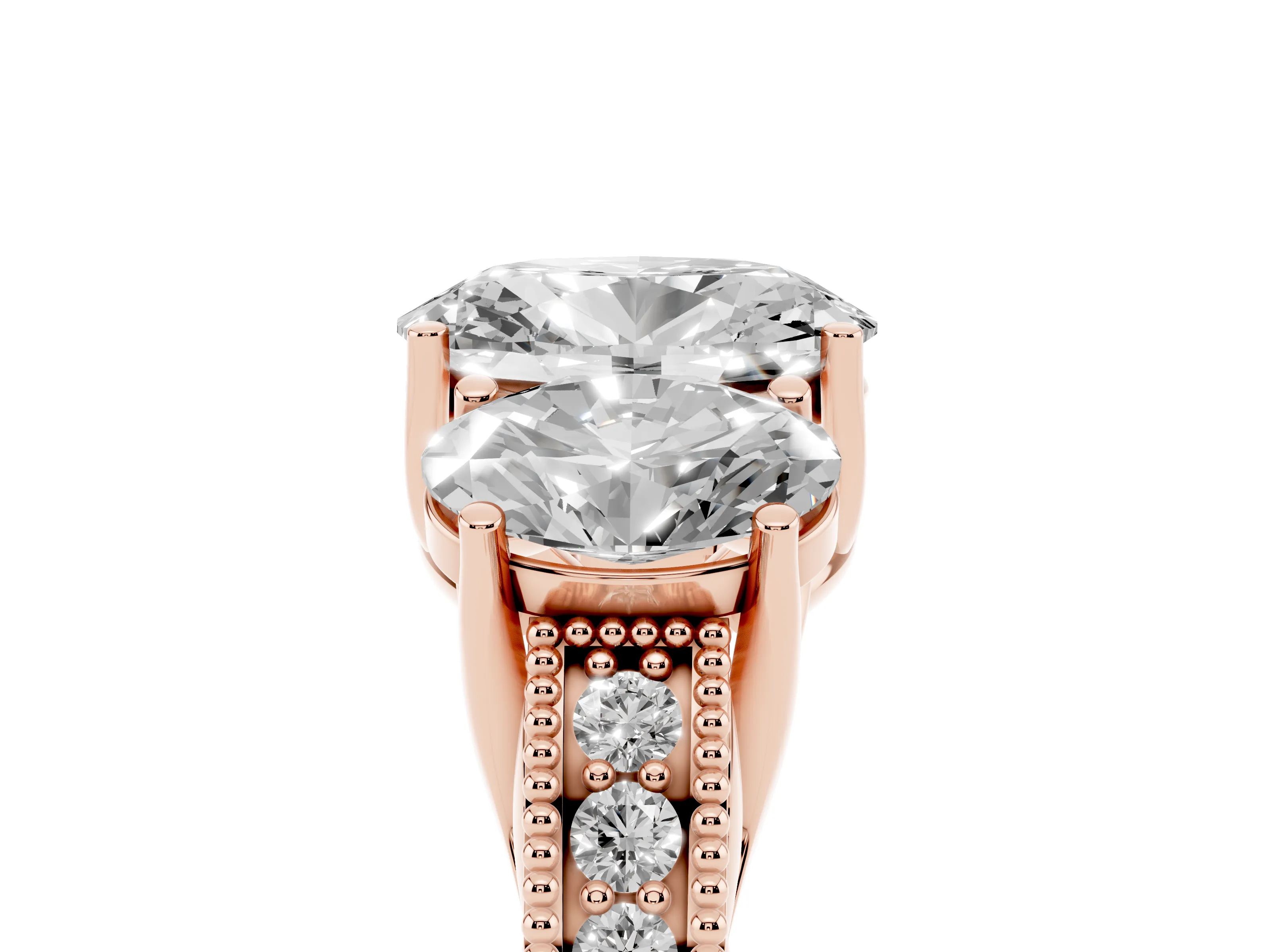 Oval Cut Diamond Three-Stone Engagement Ring Set in Rose gold with Milgrain Pavé Band