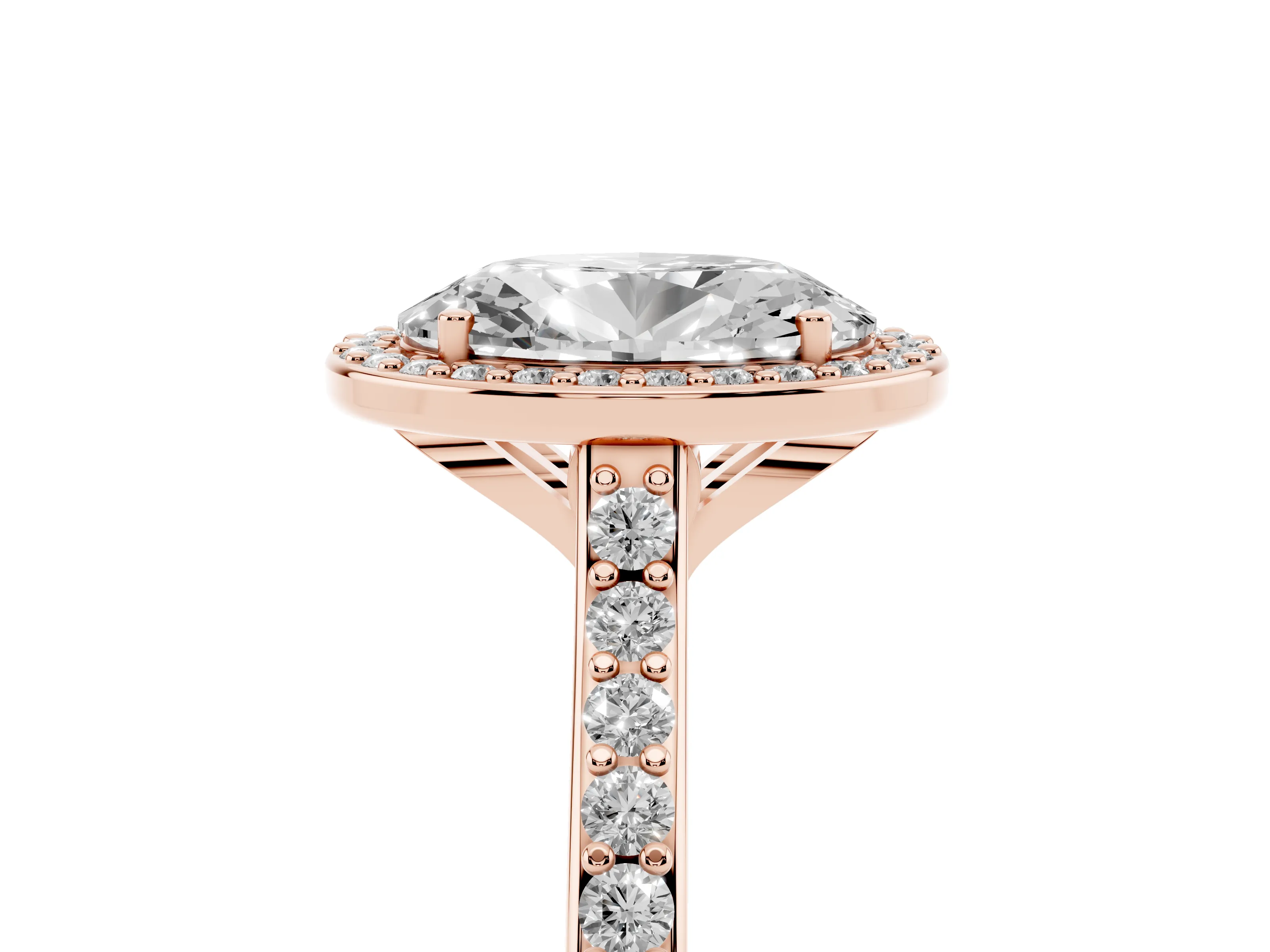 Oval Cut Diamond Halo Engagement Ring Set in Rose gold with Round Pavé Shoulders and Heart Gallery