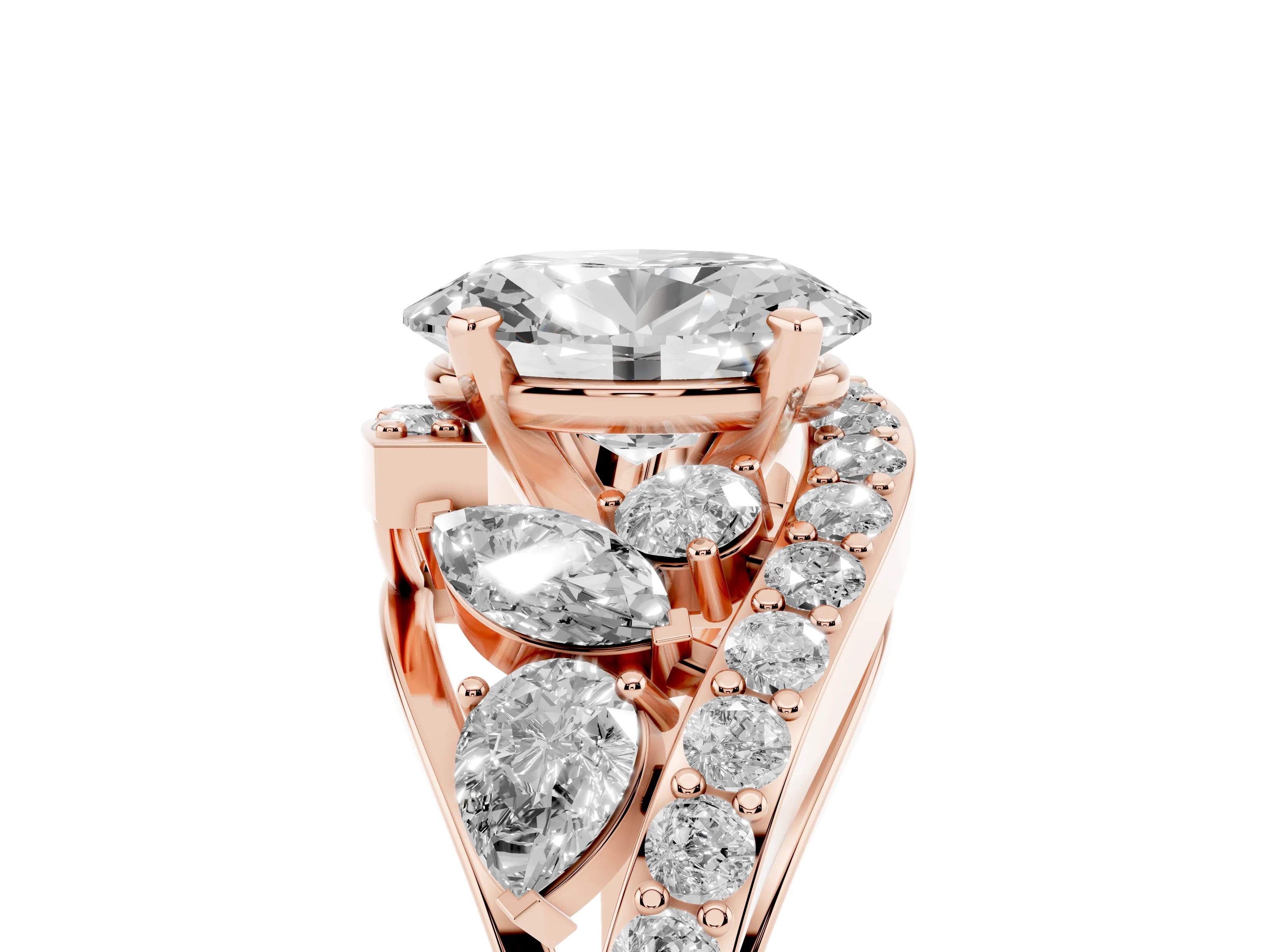 Oval Cut Diamond Halo Ring Set in Rose gold with Marquise and Pavé Band in Prong Setting