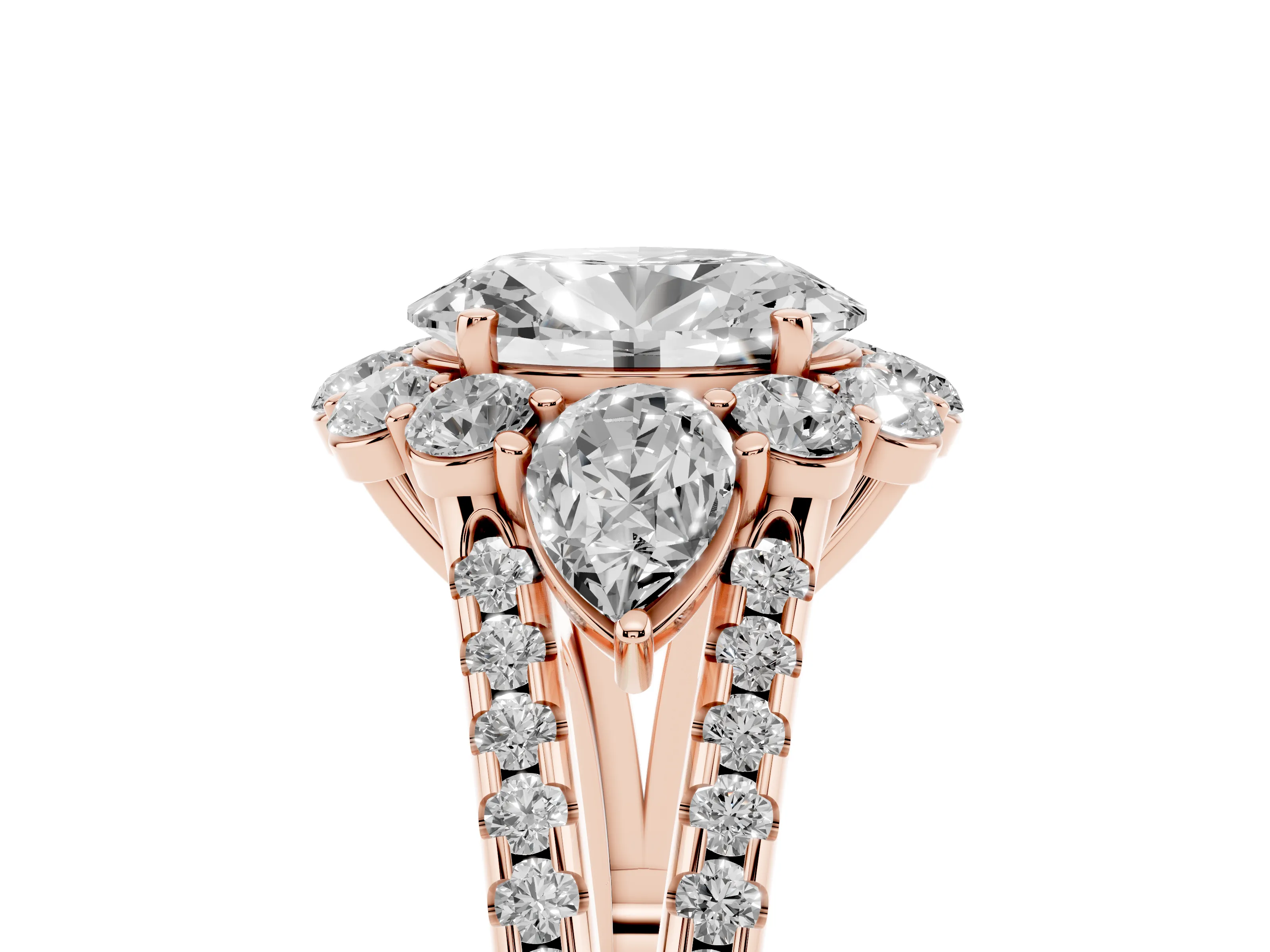 Oval Cut Diamond Halo Split Shank Engagement Ring Set in Rose gold with Prong-Held Center Stone