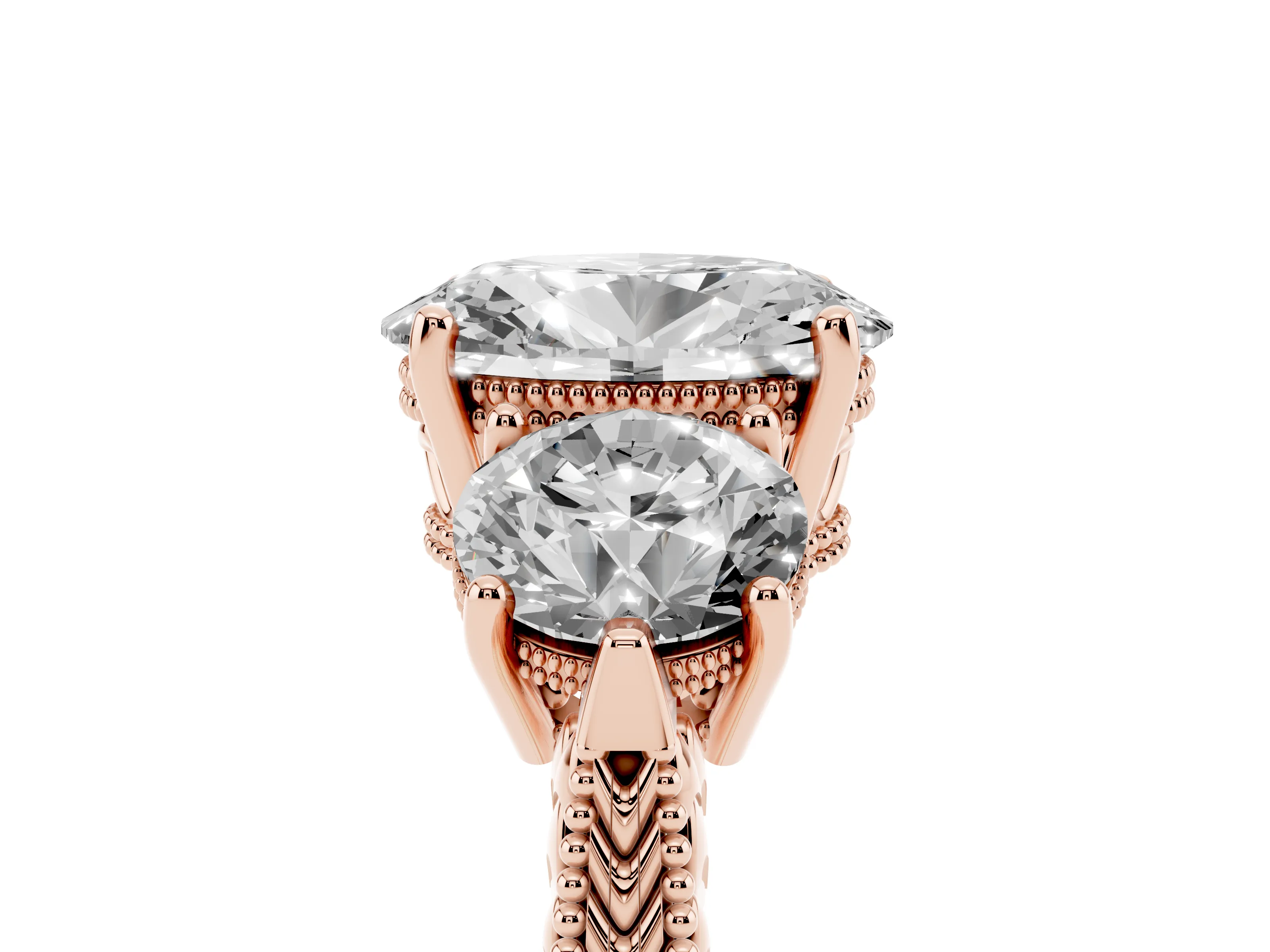 Oval Cut Diamond Three-Stone Ring Set in Rose gold with Milgrain Band