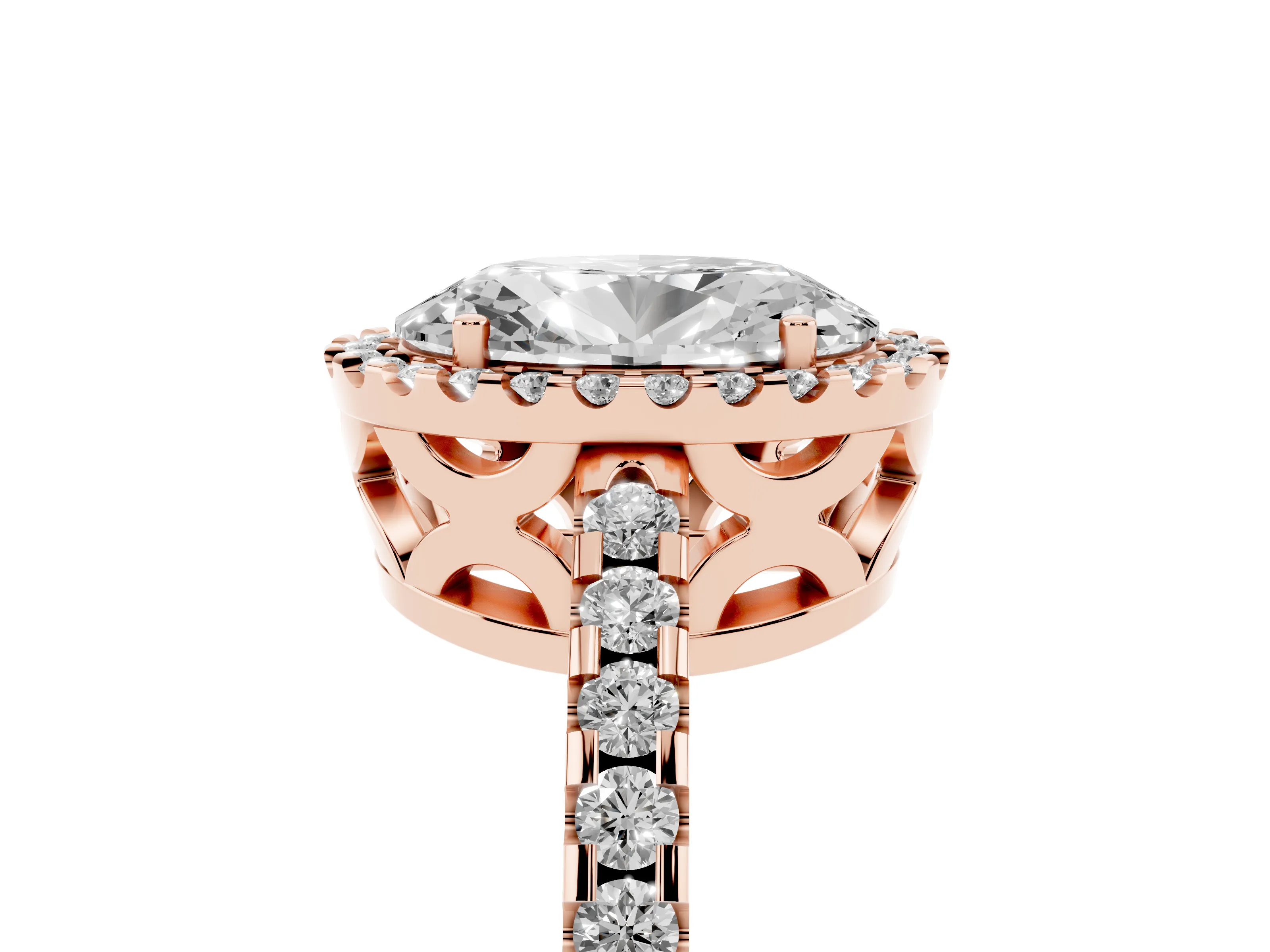 Oval Cut Diamond Halo Ring Set in Rose gold with Pavé Shoulders and Halo-Framed Center