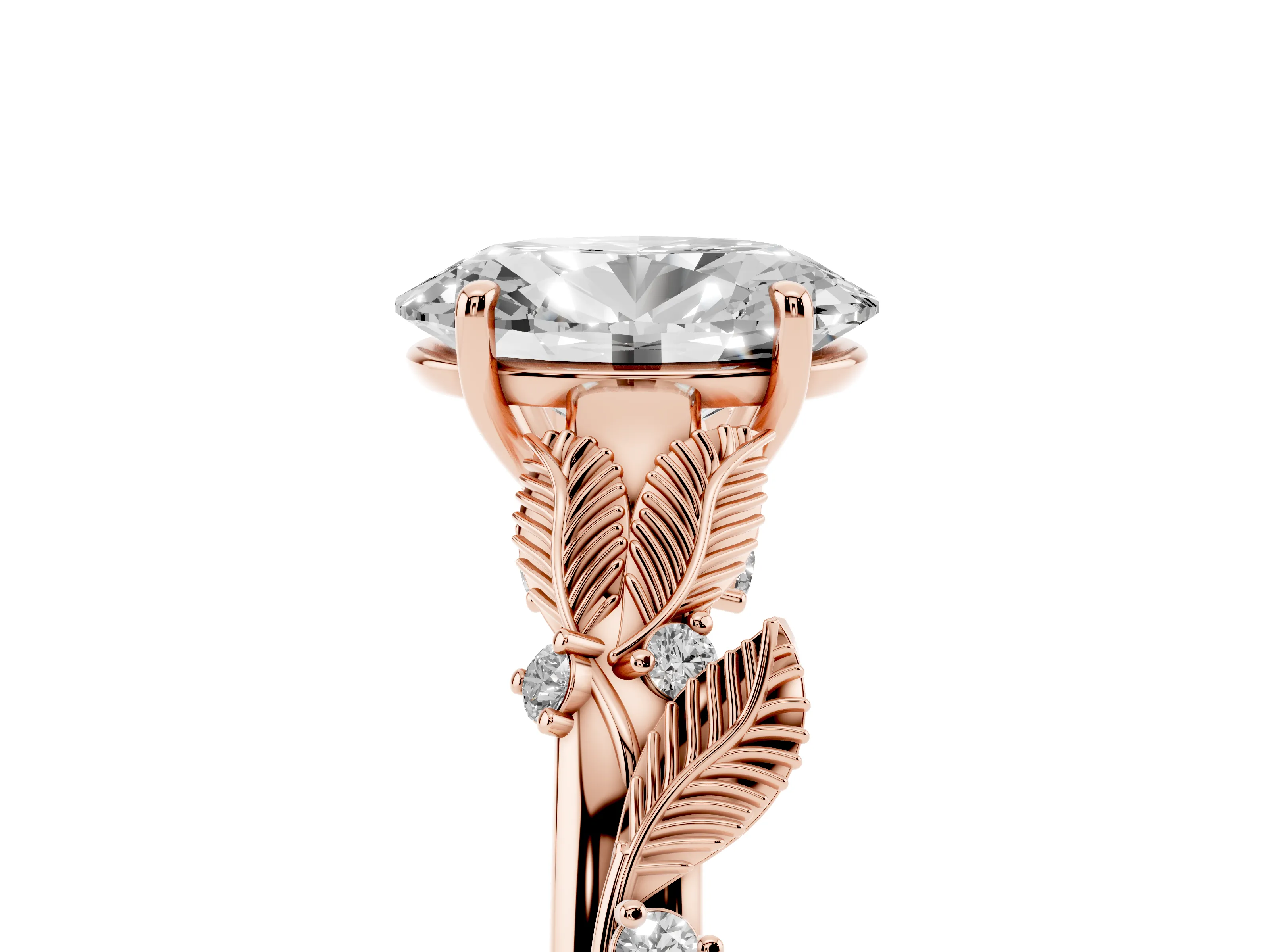 Oval Cut Diamond Solitaire Ring Set in Rose gold with Leaf Motif Band