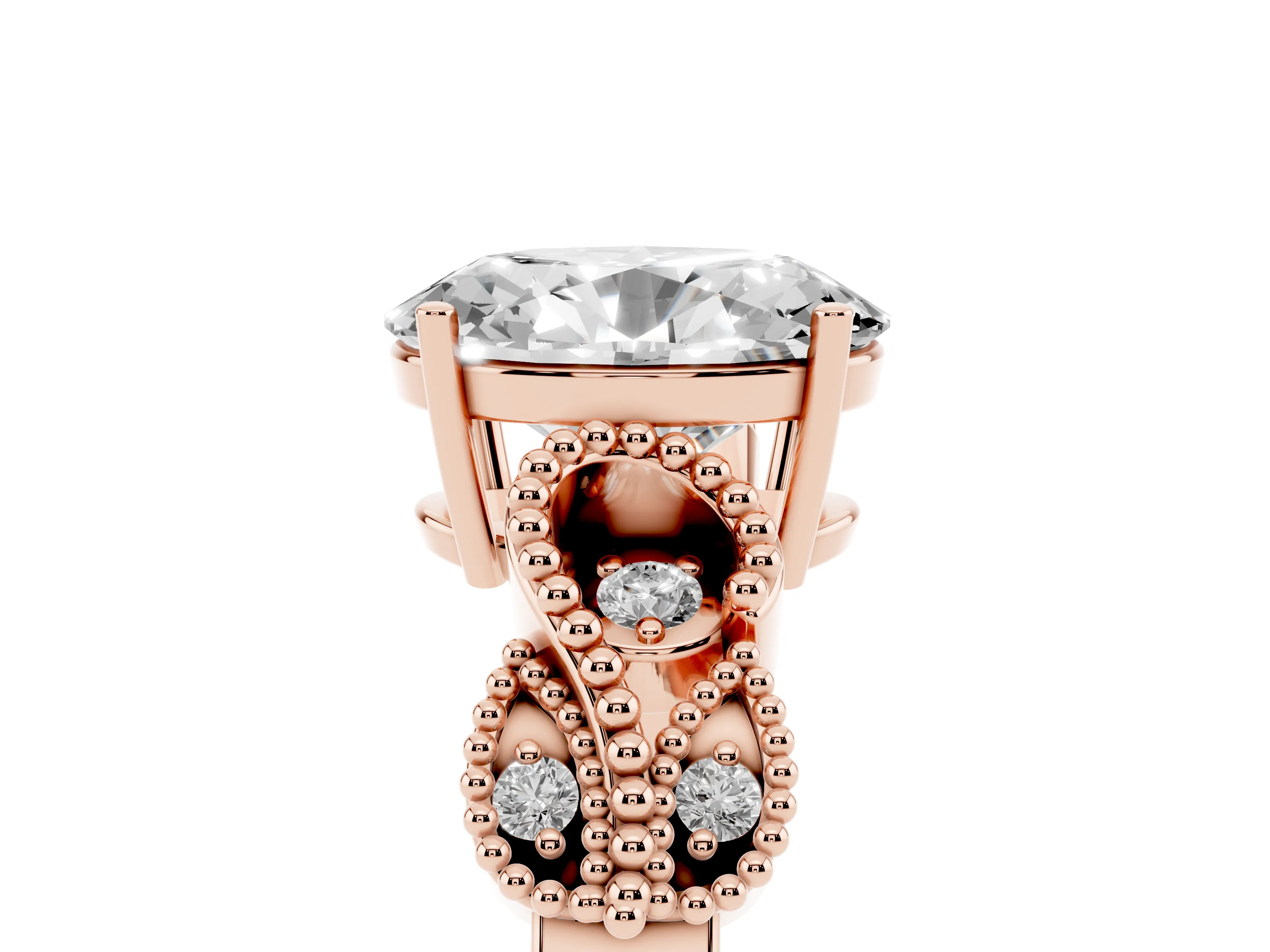 Oval Cut Diamond Milgrain Leaf Band Solitaire Ring Set in Rose gold with Accent Stones and Prong Setting