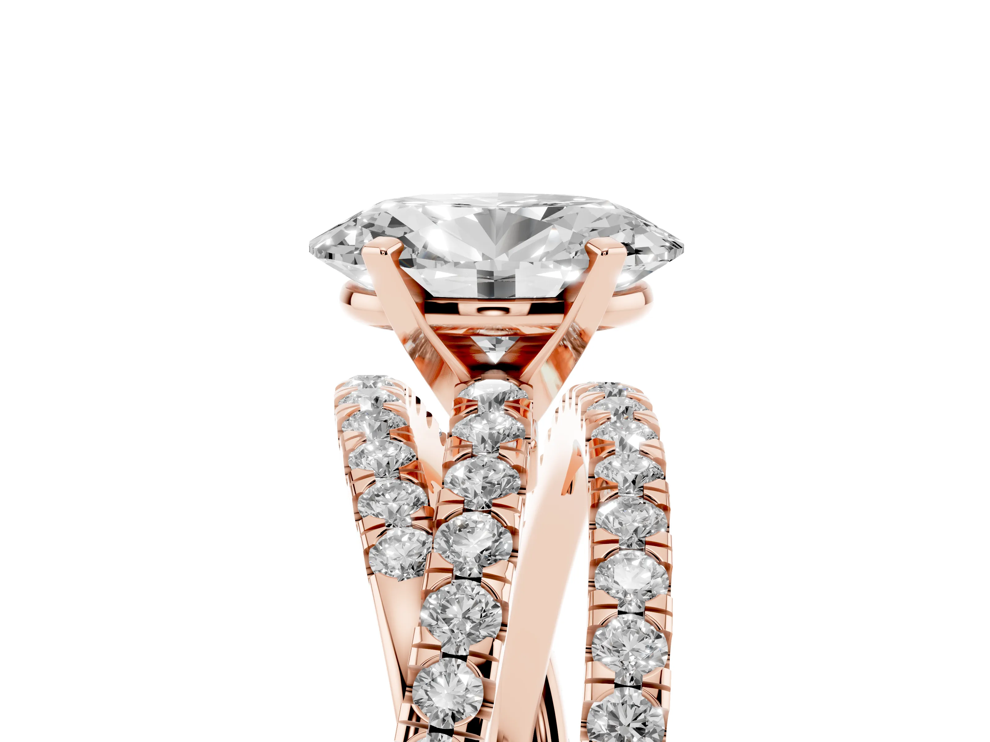Oval Cut Diamond Solitaire Twist Band Ring Set in Rose gold with Pavé Setting and Prong Head