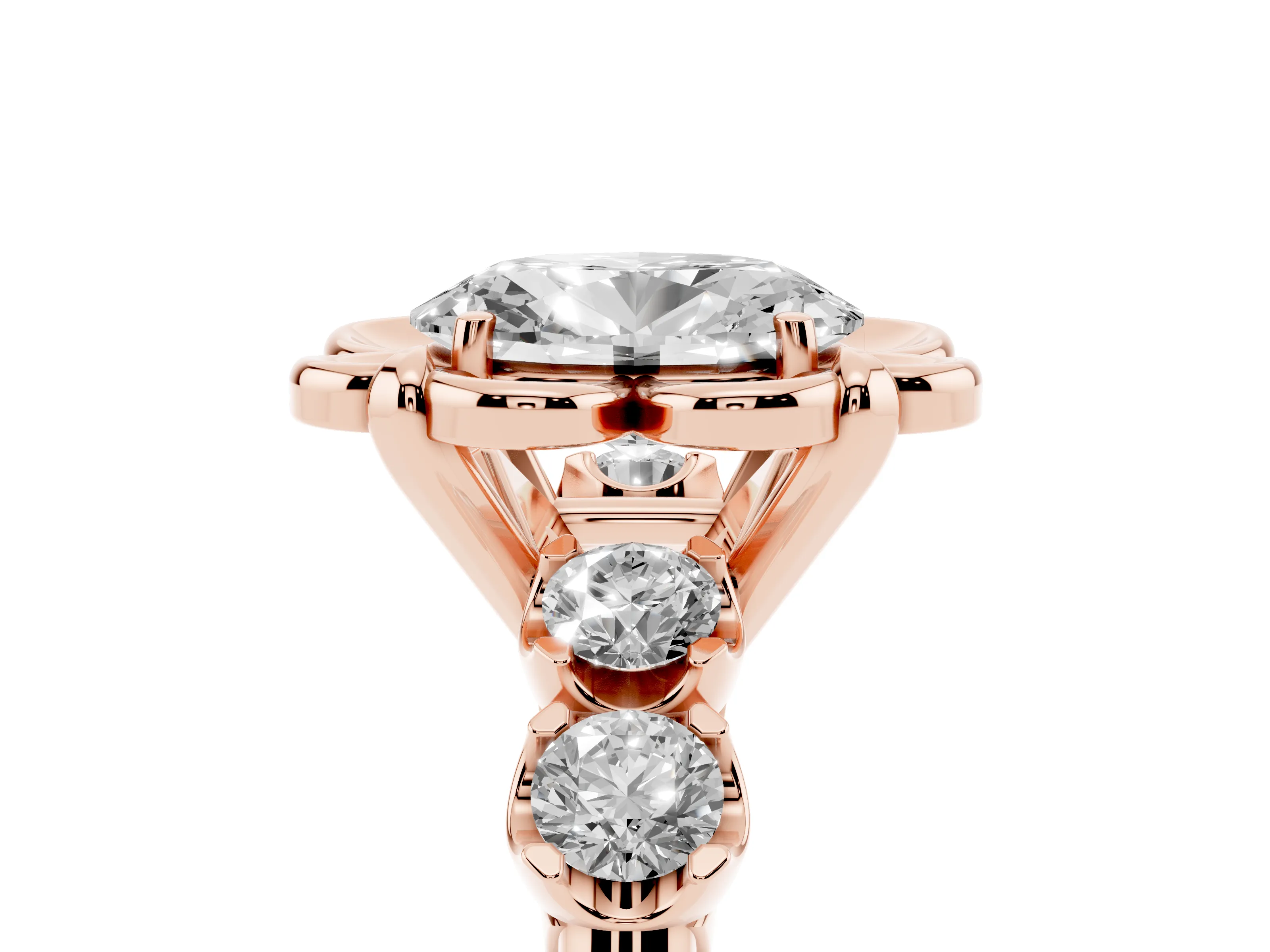 Oval Cut Diamond Floral Halo Ring Set in Rose gold with Shared Prong Band