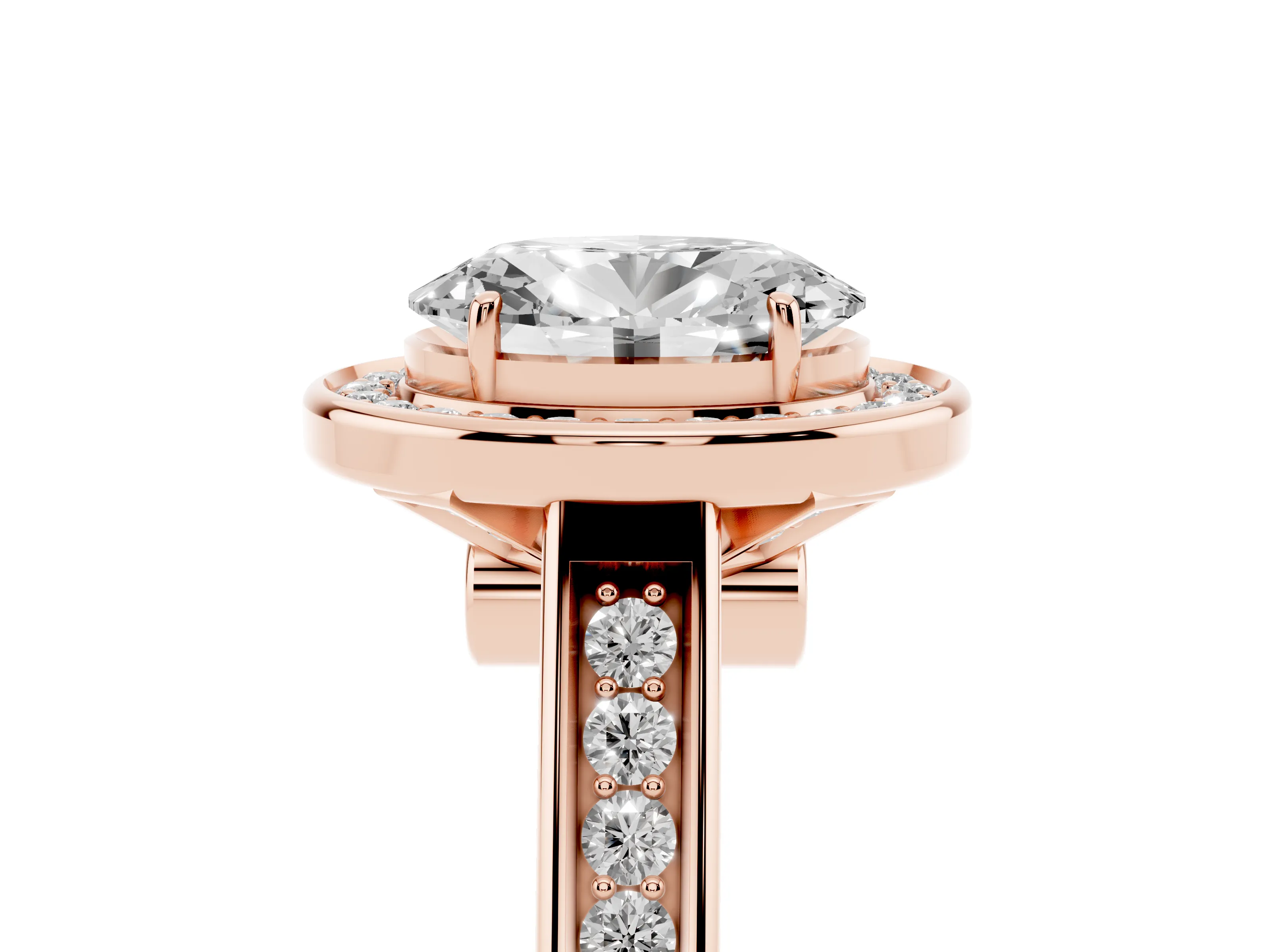 Oval Cut Diamond Halo Solitaire Ring Set in Rose gold with Pavé Band and Bezel Setting
