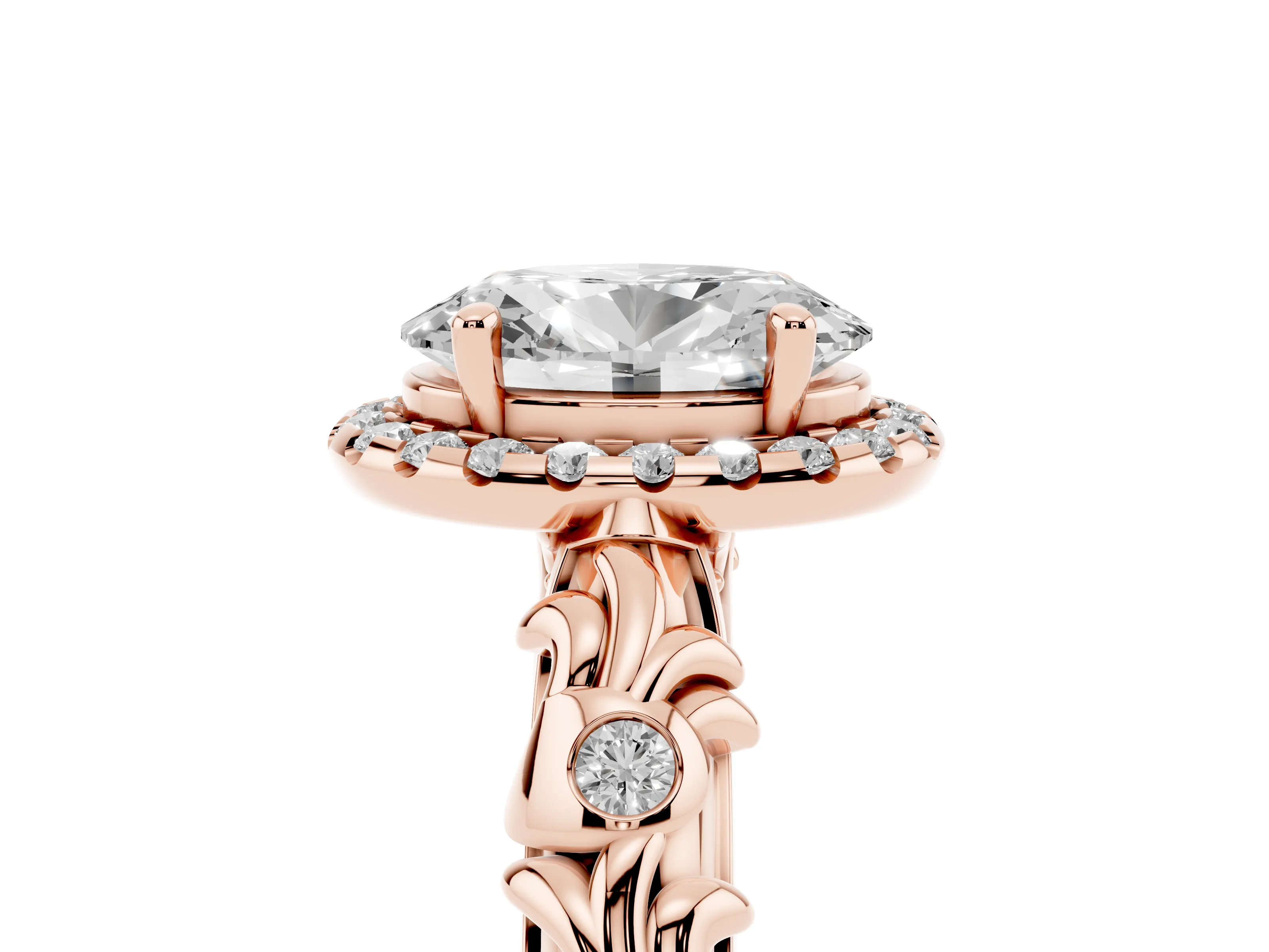 Oval Cut Diamond Halo Ring Set in Rose gold with Filigree Leaf Band and Prong Setting