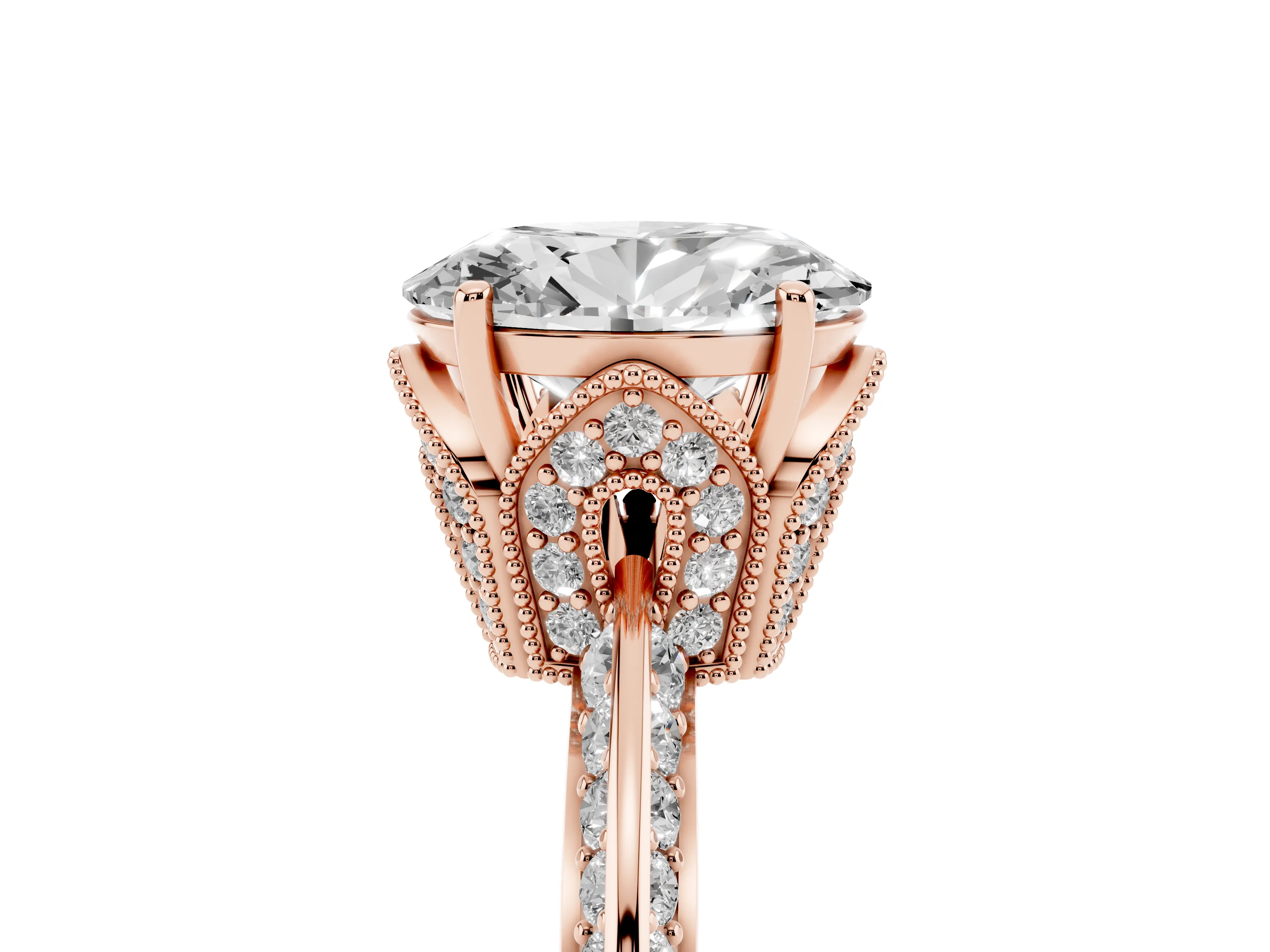 Oval Cut Diamond Solitaire Engagement Ring Set in Rose gold with Pavé Split Shank and Prong Setting