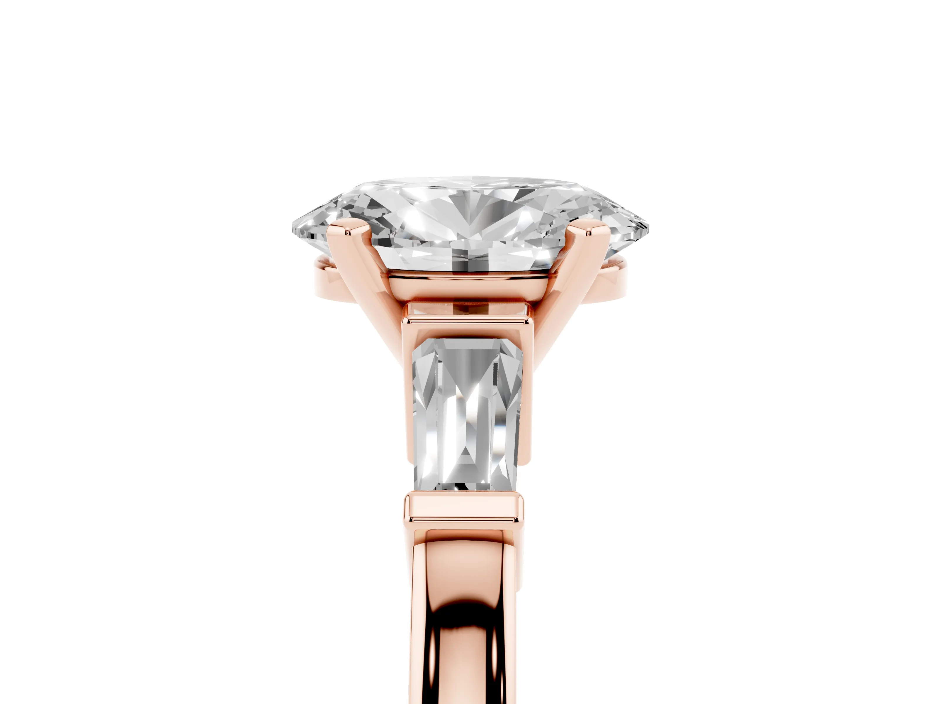 Oval Cut Diamond Solitaire Ring Set in Rose gold with Tapered Baguette Accents and Prong Setting