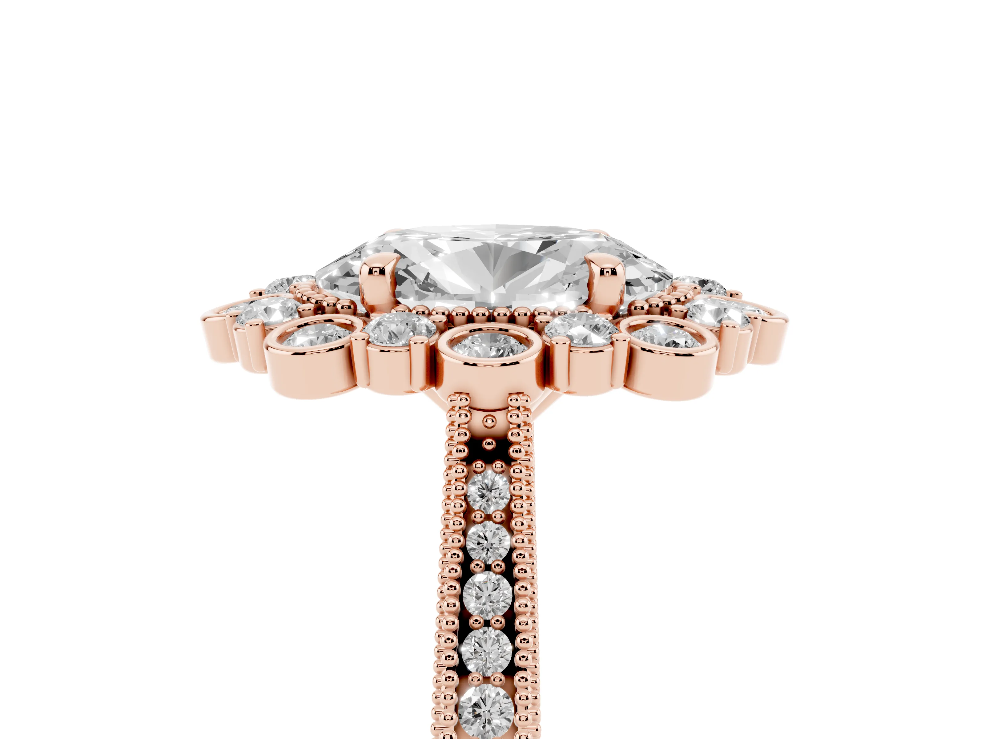 Oval Cut Diamond Halo Milgrain Pavé Ring Set in Rose gold with Prong Setting