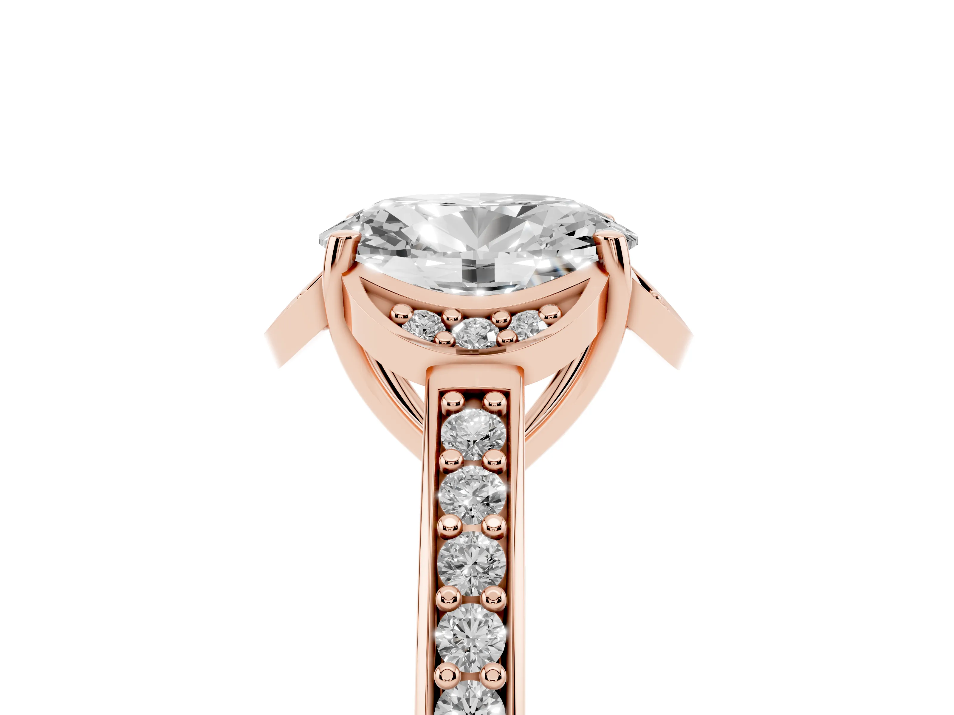 Oval Cut Diamond Halo Ring Set in Rose gold with Channel Set Band and Prong Setting