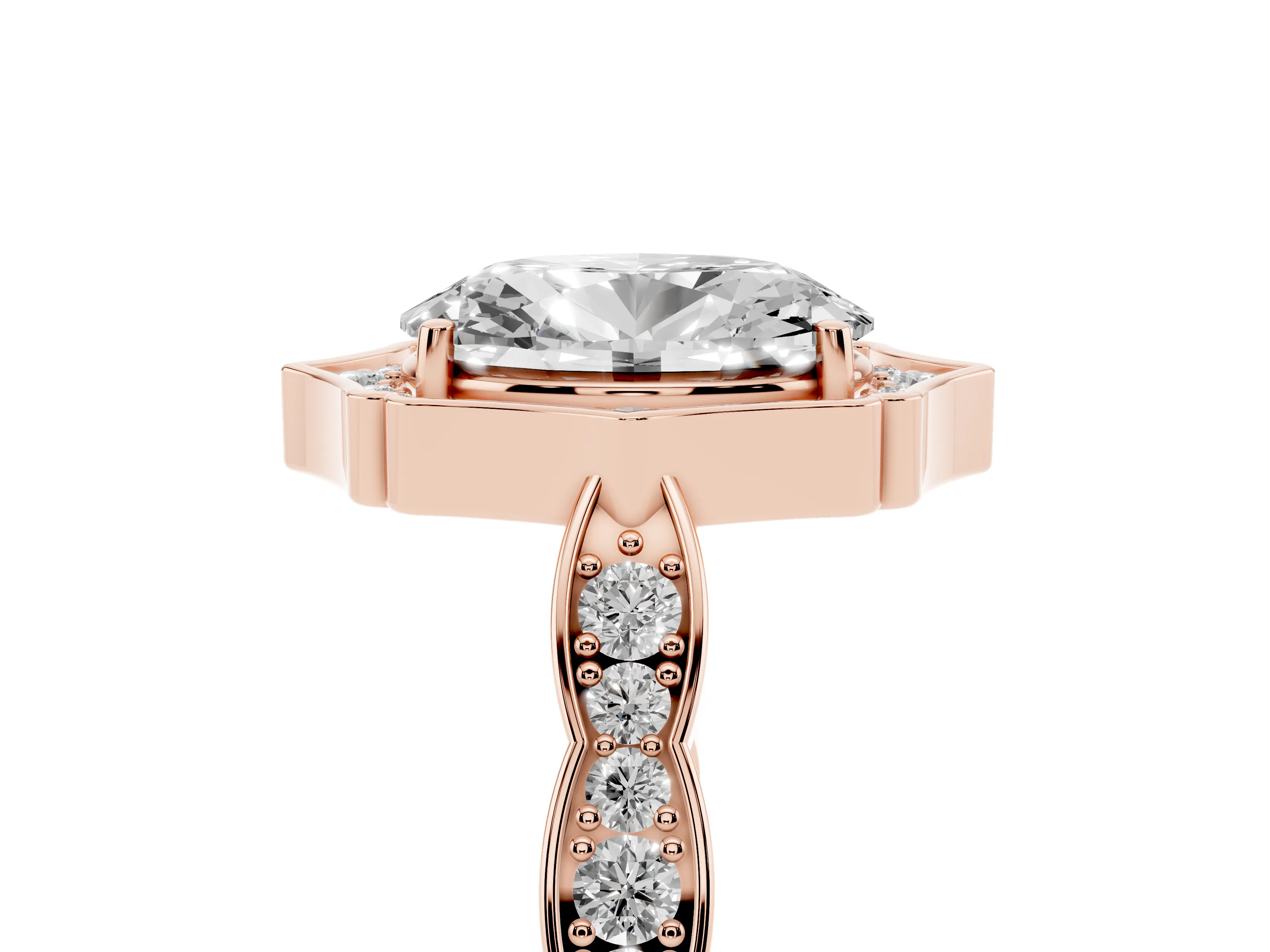 Oval Cut Diamond Halo Engagement Ring Set in Rose gold with Milgrain Band and Prong Setting