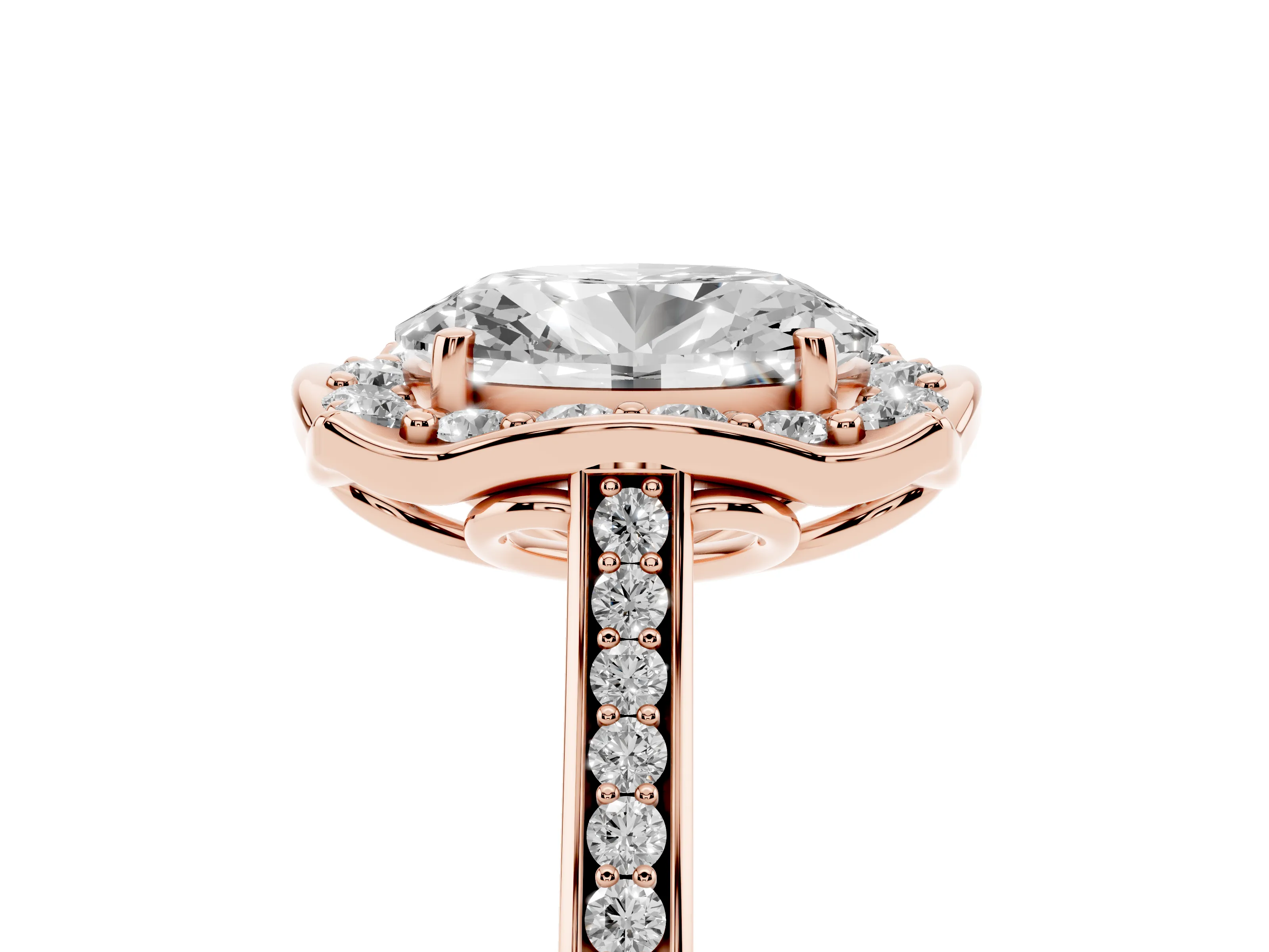 Oval Cut Diamond Halo Ring Set in Rose gold with Pavé-Lined Shoulders and Prong Setting