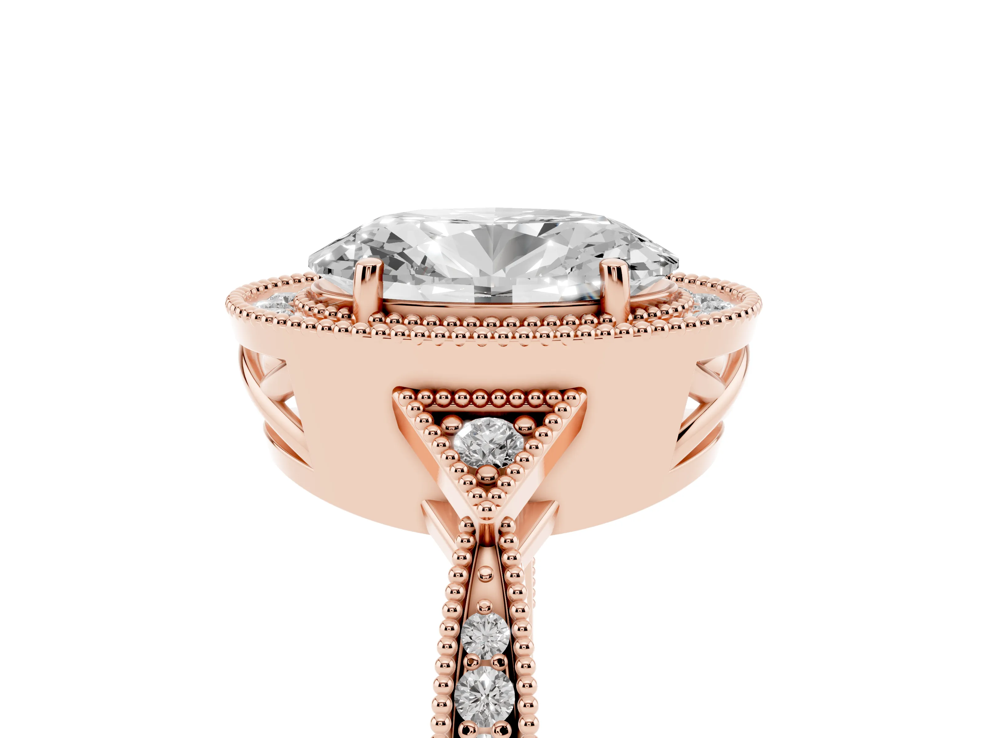 Oval Cut Diamond Halo Engagement Ring Set in Rose gold with Milgrain Pavé Band