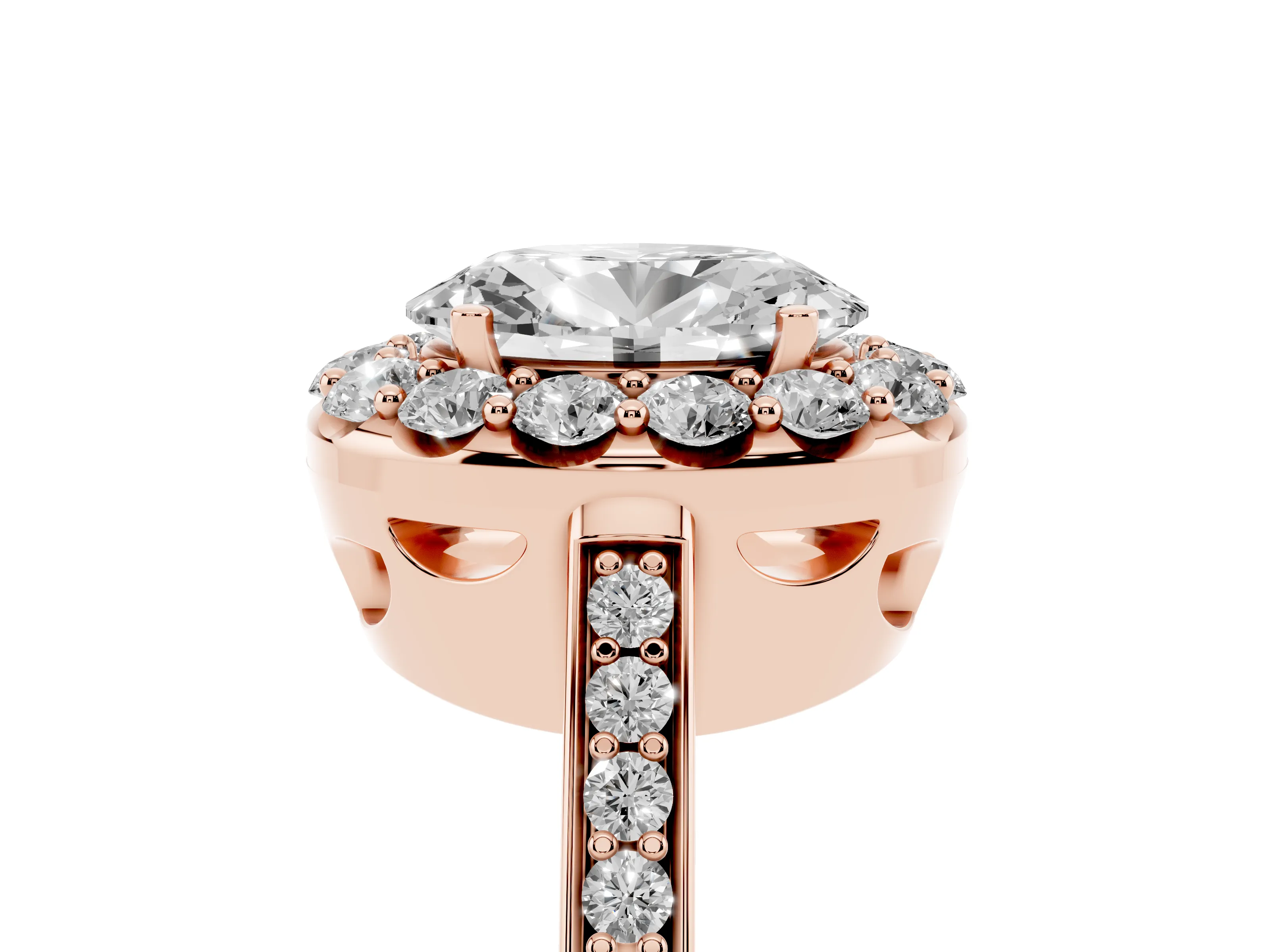 Oval Cut Diamond Floral Halo Ring Set in Rose gold with Pavé Band and Prong Setting