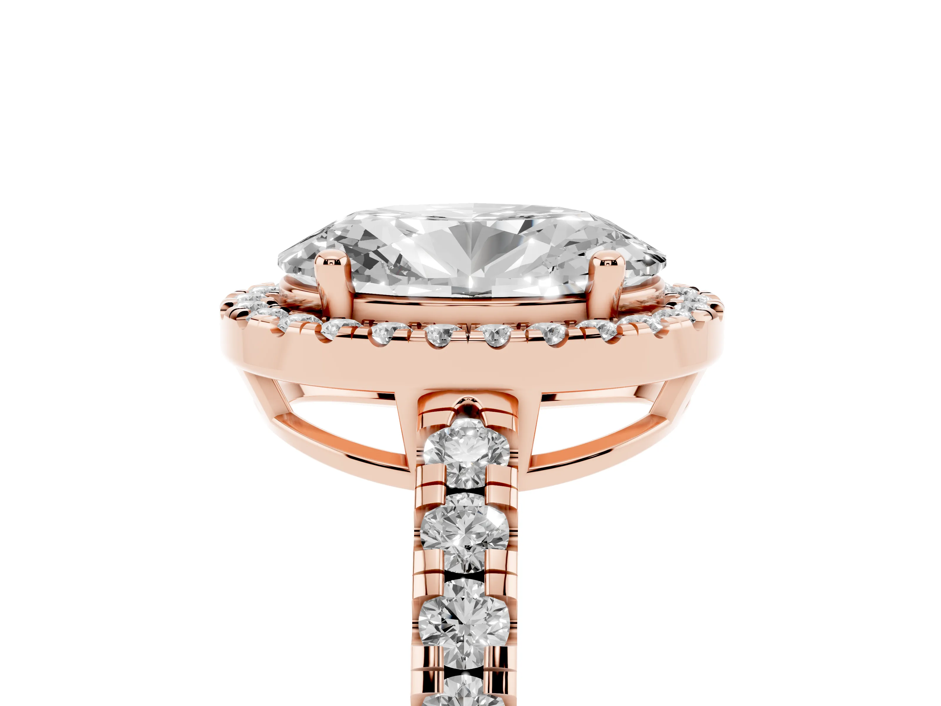 Oval Cut Diamond Halo Ring Set in Rose gold with Delicate Pavé Band and Prong Setting