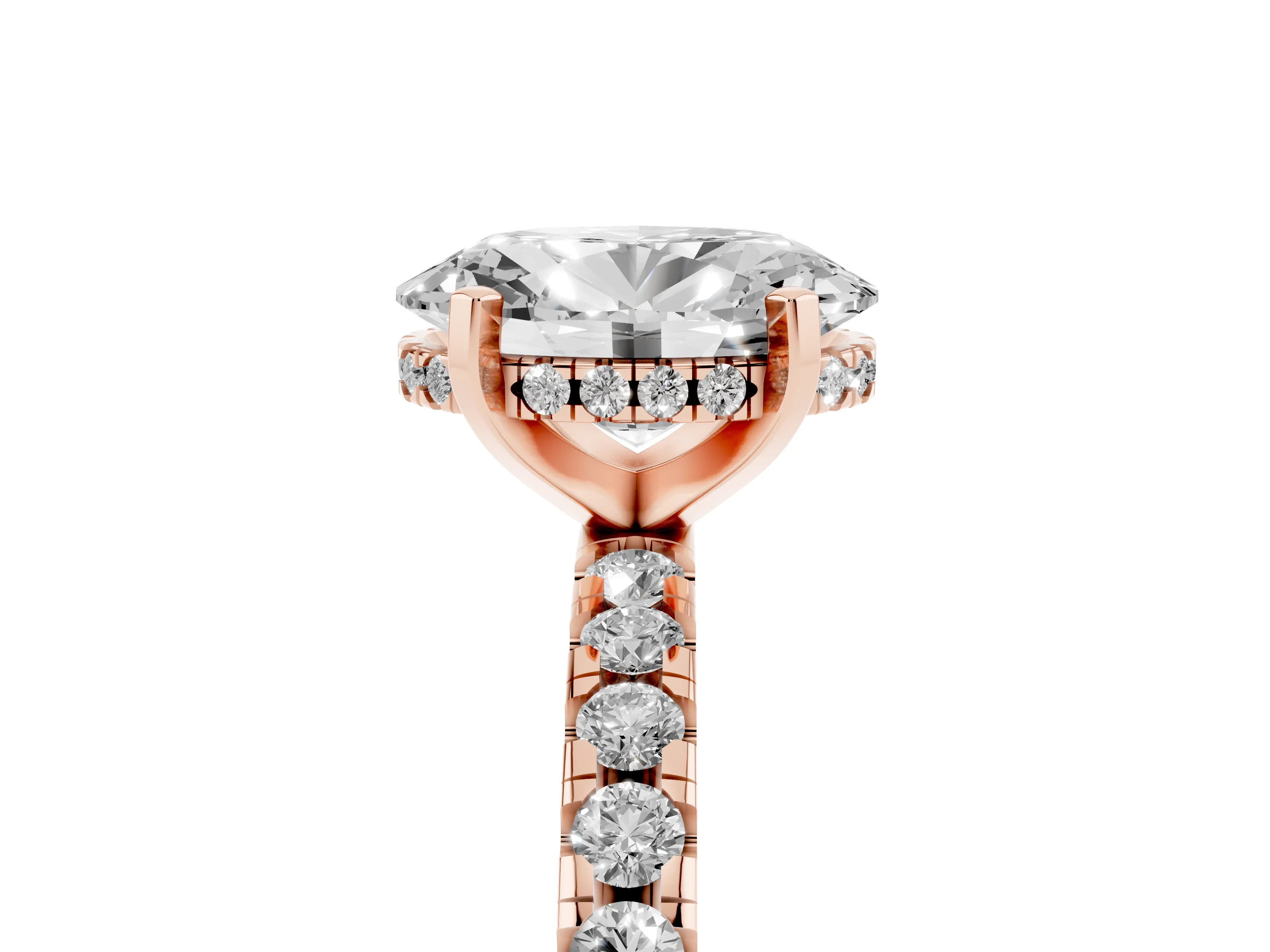 Oval Cut Diamond Pavé Solitaire Ring Set in Rose gold with Round Band Accents and Prong Setting