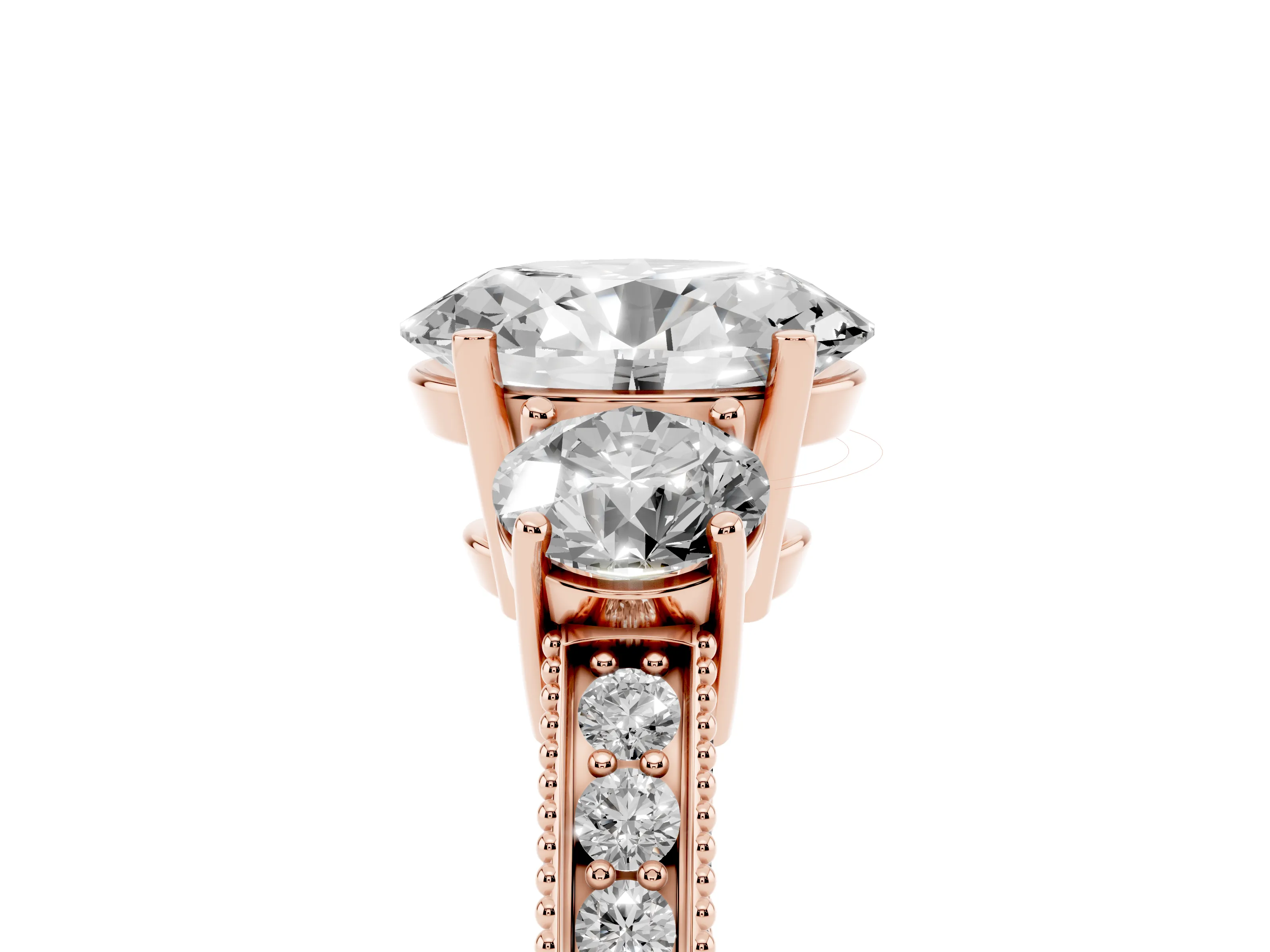 Oval Cut Diamond Three-Stone Ring Set in Rose gold with Round Side Stones and Pavé Band
