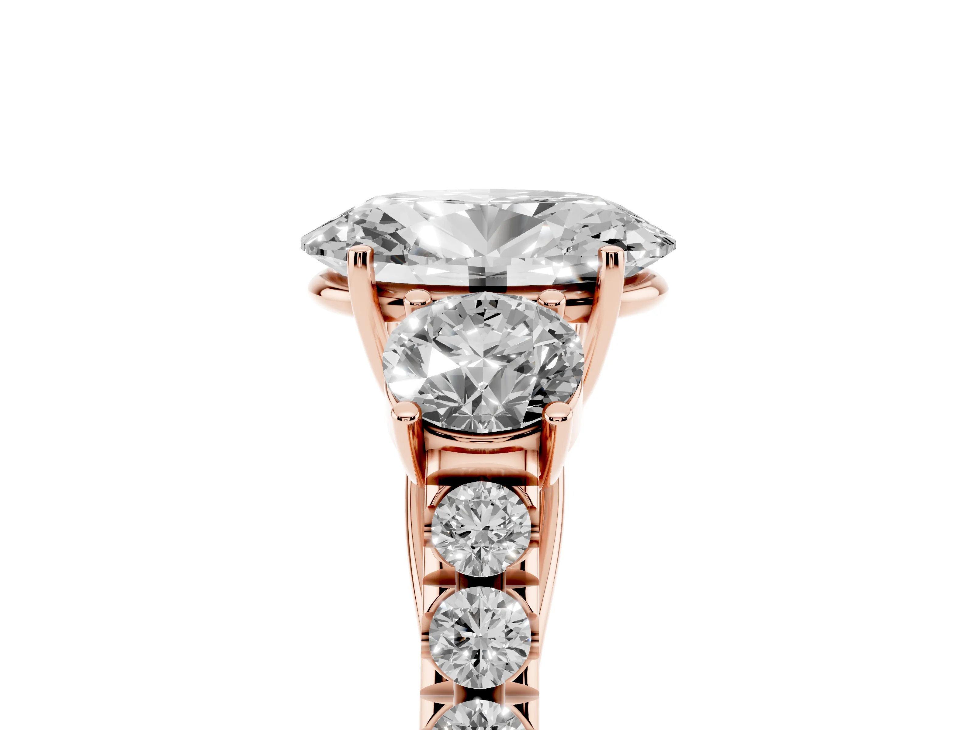 Oval Cut Diamond Three-Stone Ring Set in Rose gold with Round Side Stones and Delicate Pavé Band