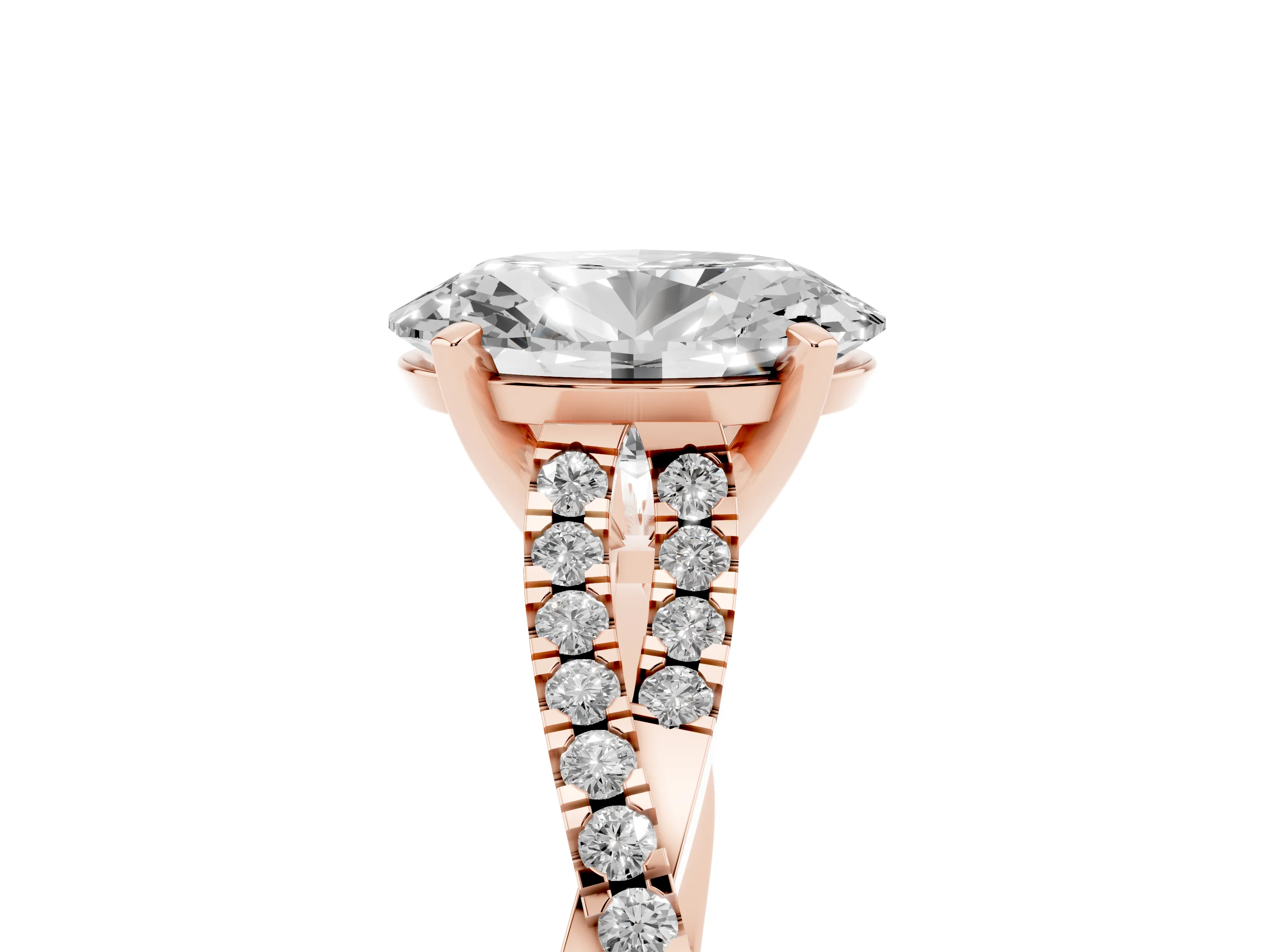 Oval Cut Diamond Solitaire Engagement Ring Set in Rose gold with Twisted Pavé Band and Prong Setting