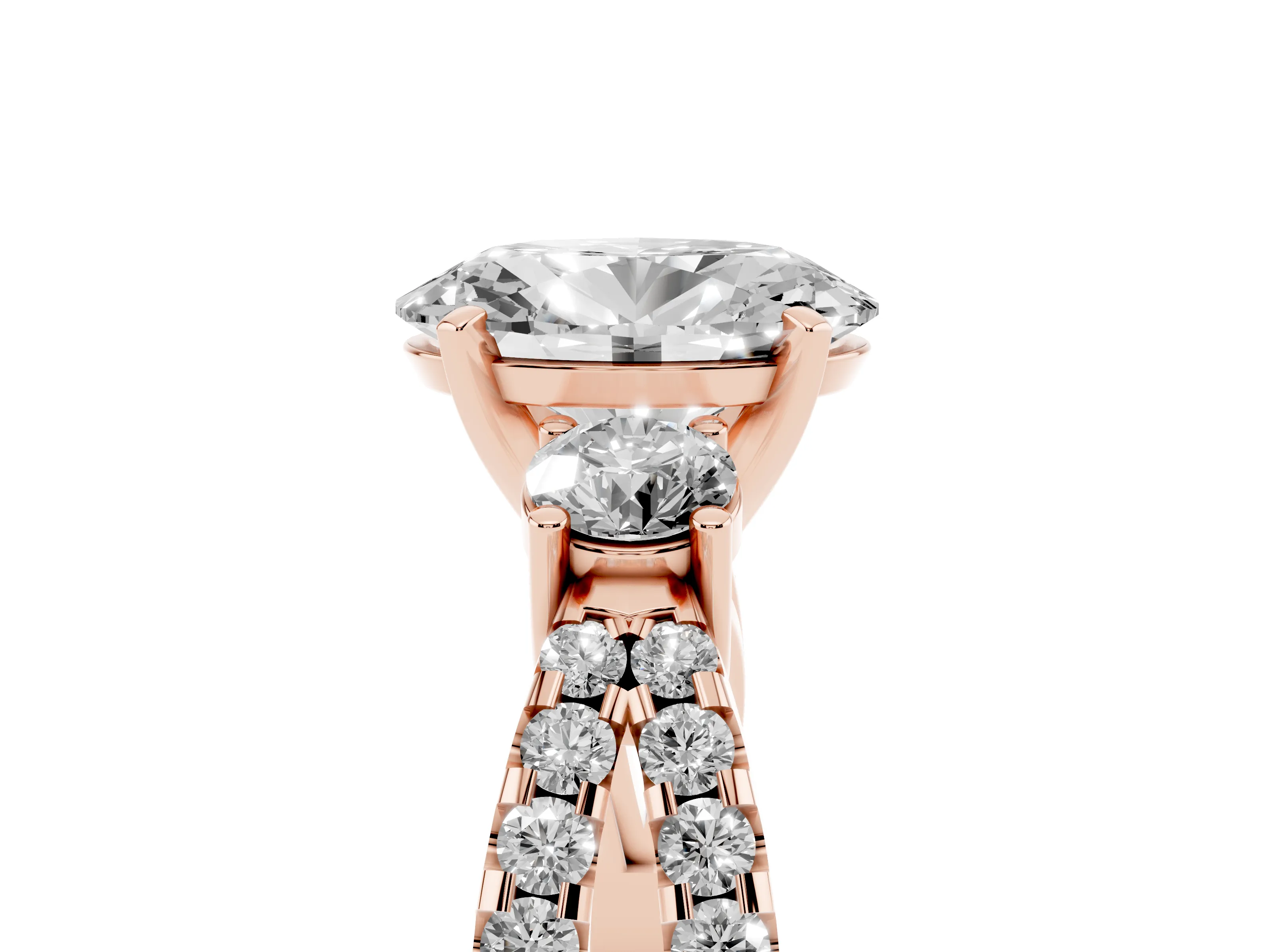 Oval Cut Diamond Three-Stone Ring Set in Rose gold with Pavé Split Shank and Prong Setting