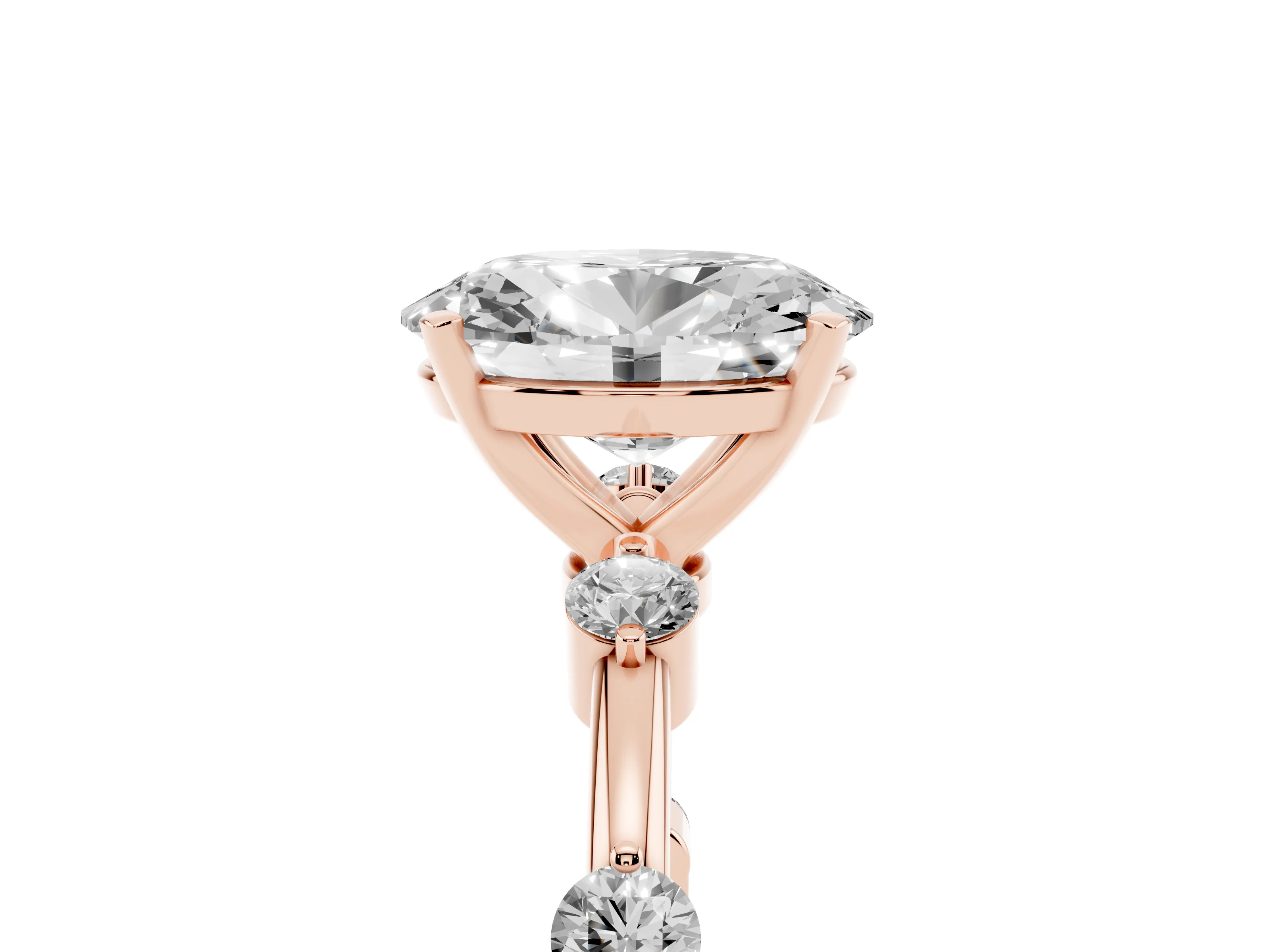 Oval Cut Diamond Solitaire Ring Set in Rose gold with Bezel Set Side Stones and Prong Setting