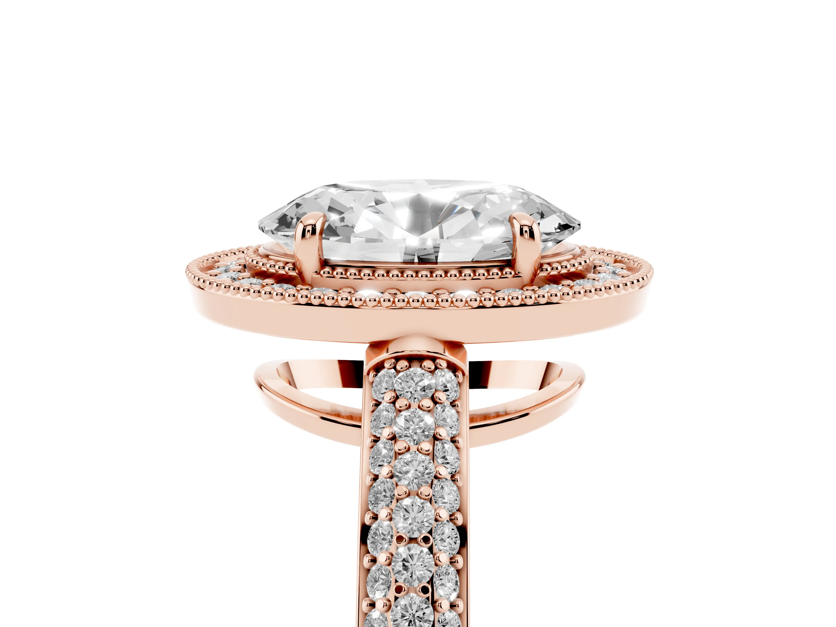 Oval Cut Diamond Halo Pavé Band Set in Rose gold with Prong Setting