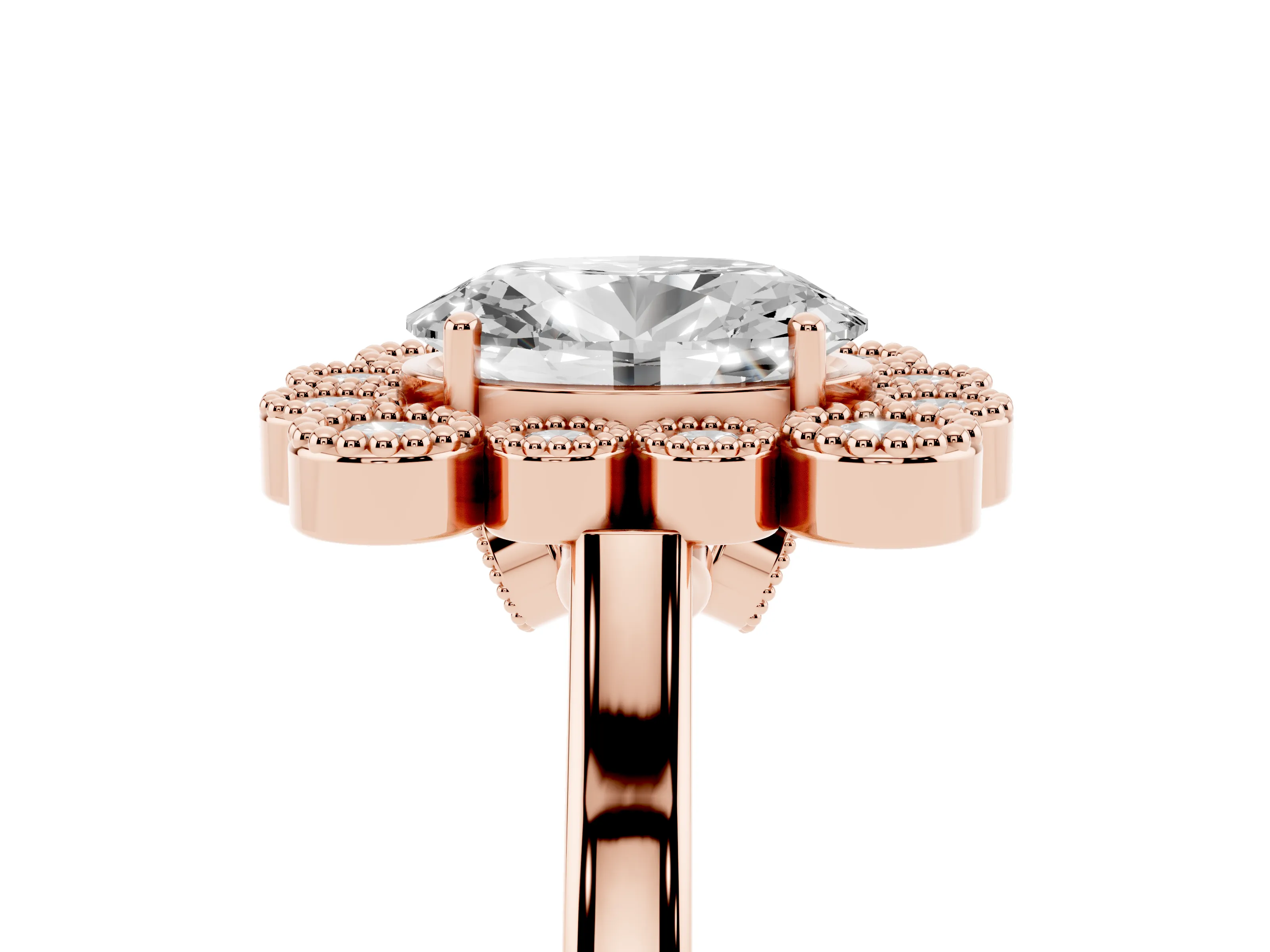 Oval Cut Diamond Cluster Halo Ring Set in Rose gold with Milgrain Bezel Accents and Plain Band