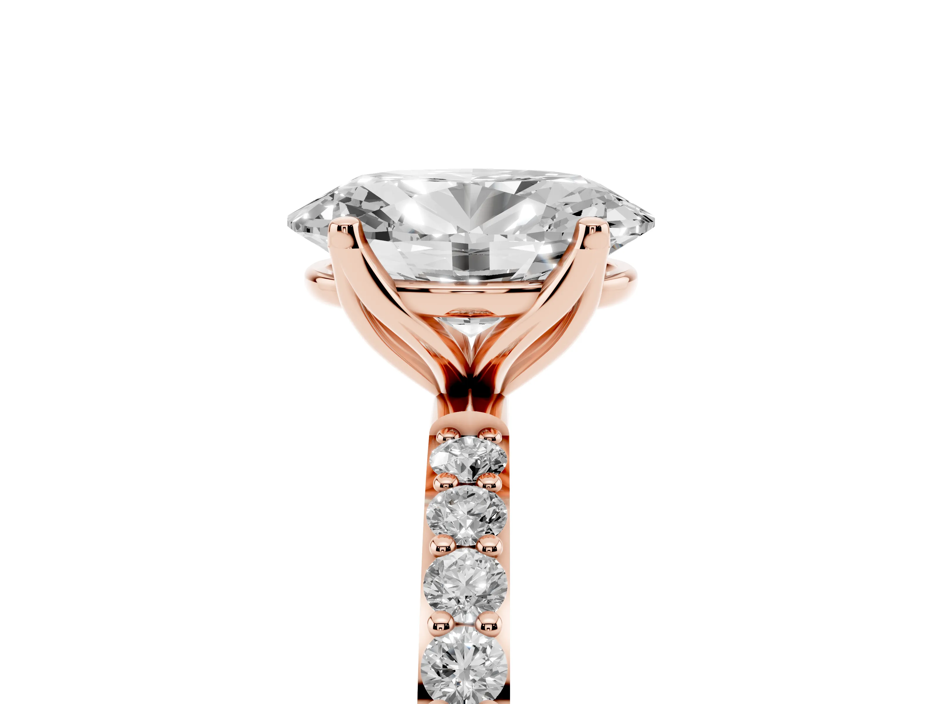 Oval Cut Diamond Solitaire Engagement Ring Set in Rose gold with Round Pavé Band and Prong Setting