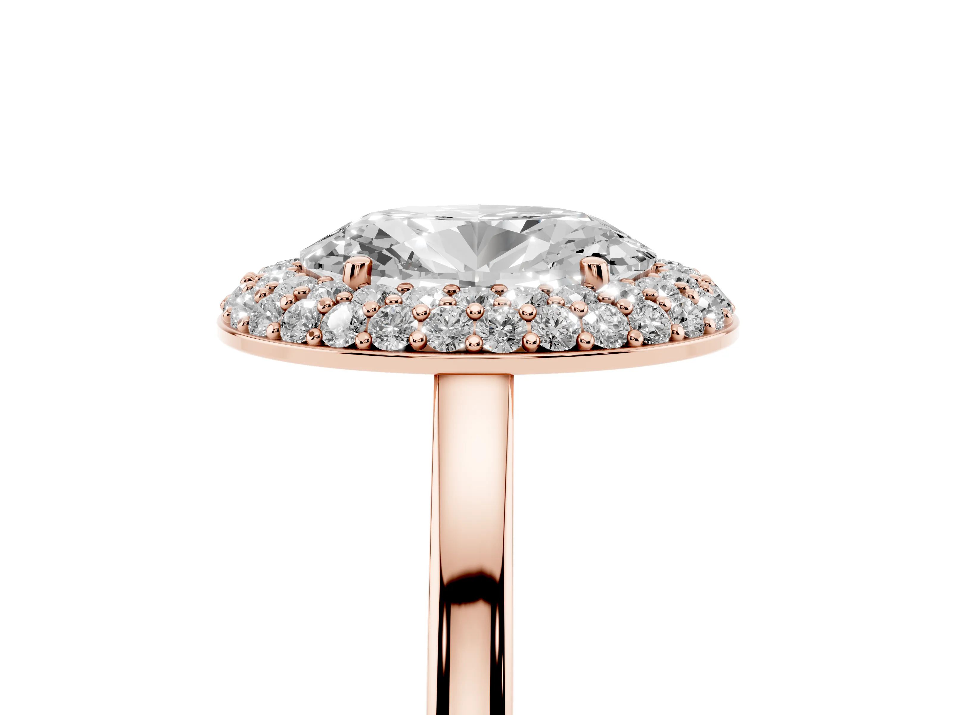 Oval Cut Diamond Halo Engagement Ring Set in Rose gold with Solitaire Band and Prong Setting