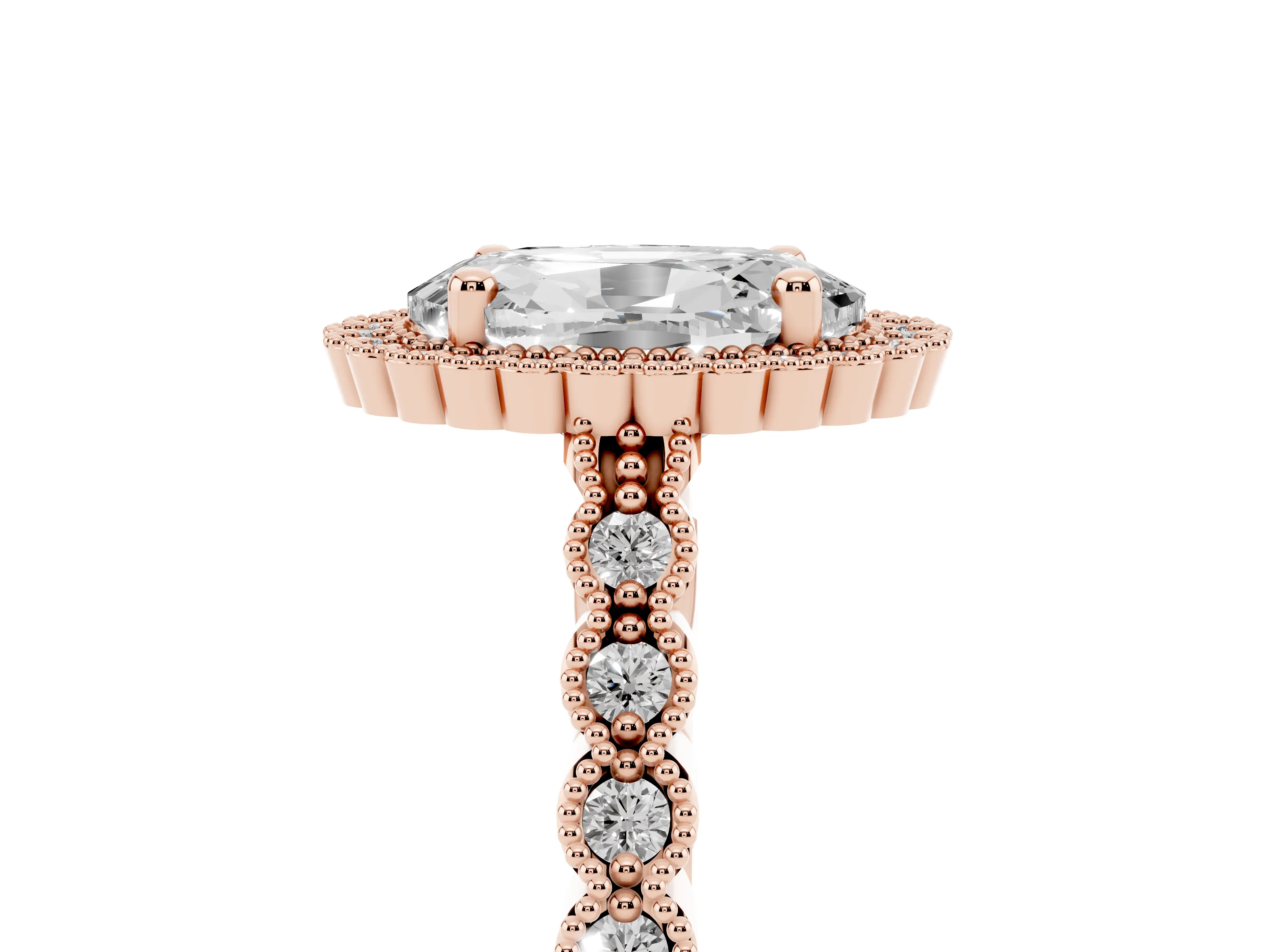 Oval Cut Diamond Halo Ring Set in Rose gold with Pavé Milgrain Band
