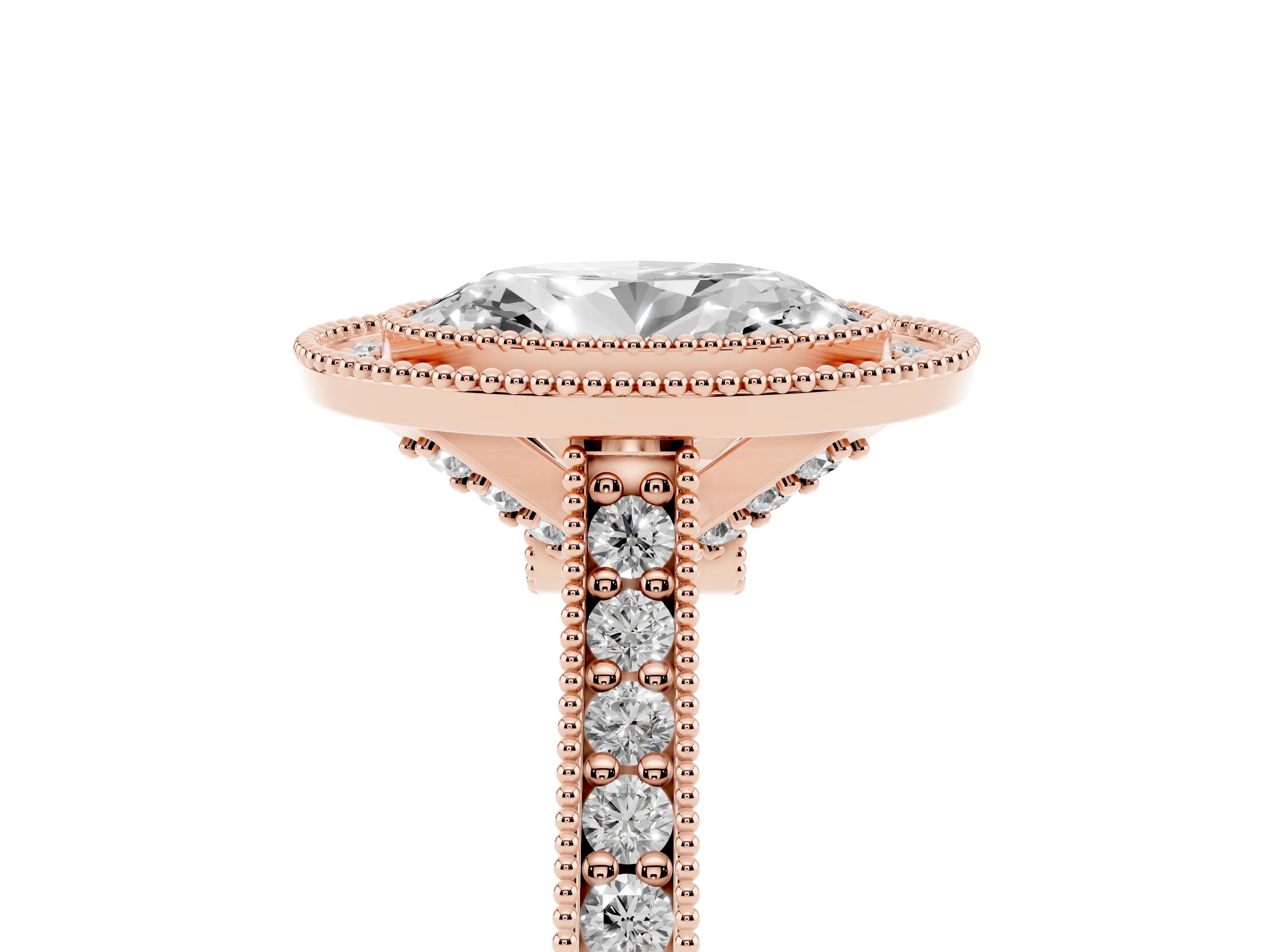 Oval Cut Diamond Halo Milgrain Pavé Band Ring Set in Rose gold with Prong Setting