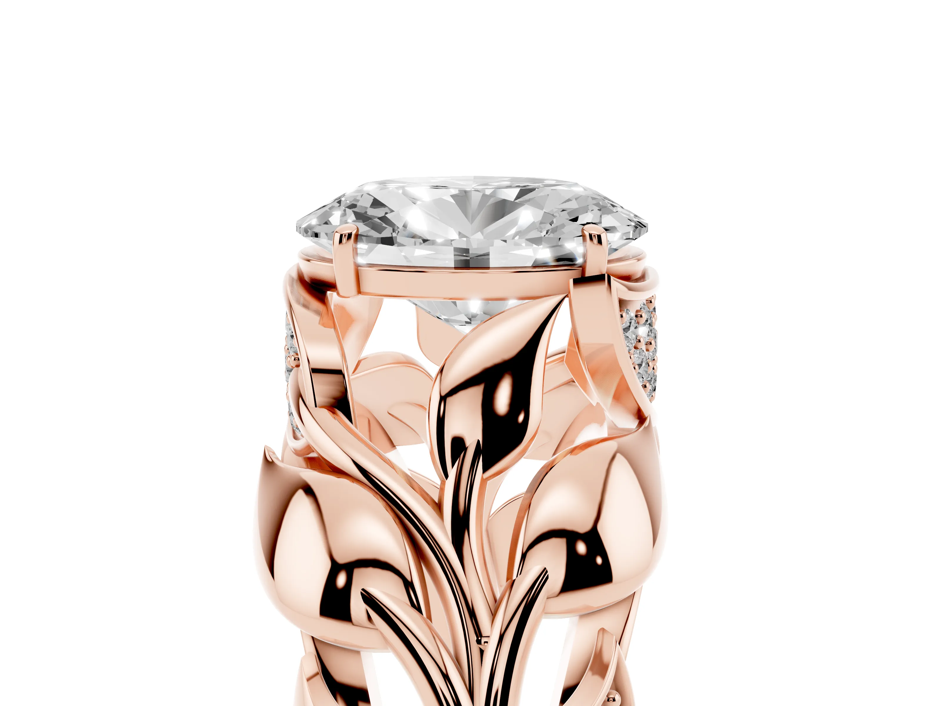 Oval Cut Diamond Leaf-Inspired Engagement Ring Set in Rose gold with Round Accents