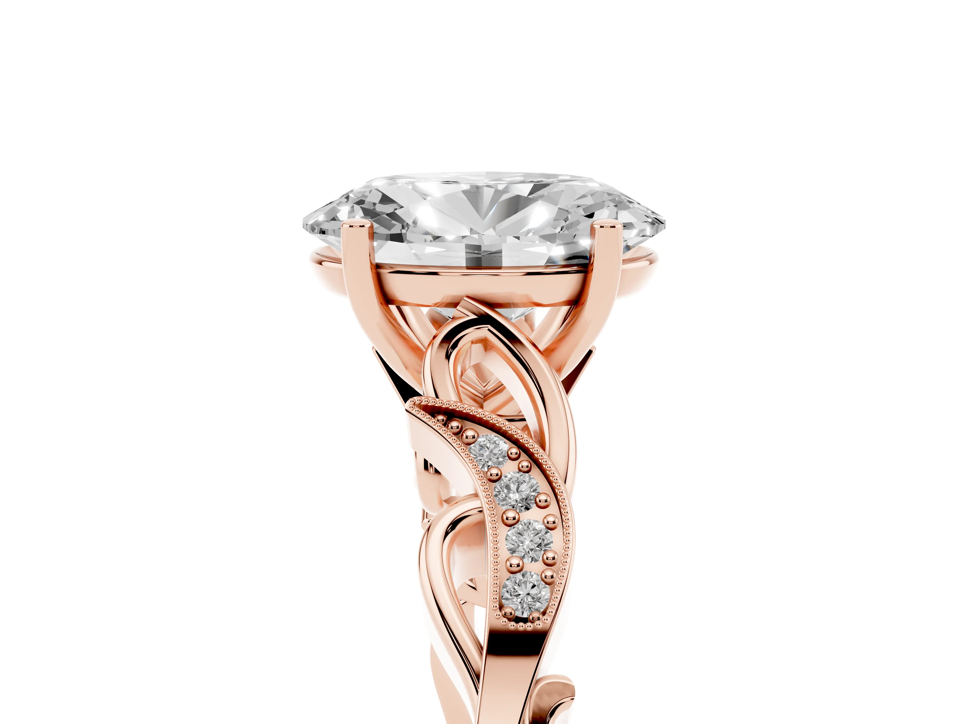 Oval Cut Diamond Vine Band Solitaire Ring Set in Rose gold with Milgrain Prong Setting
