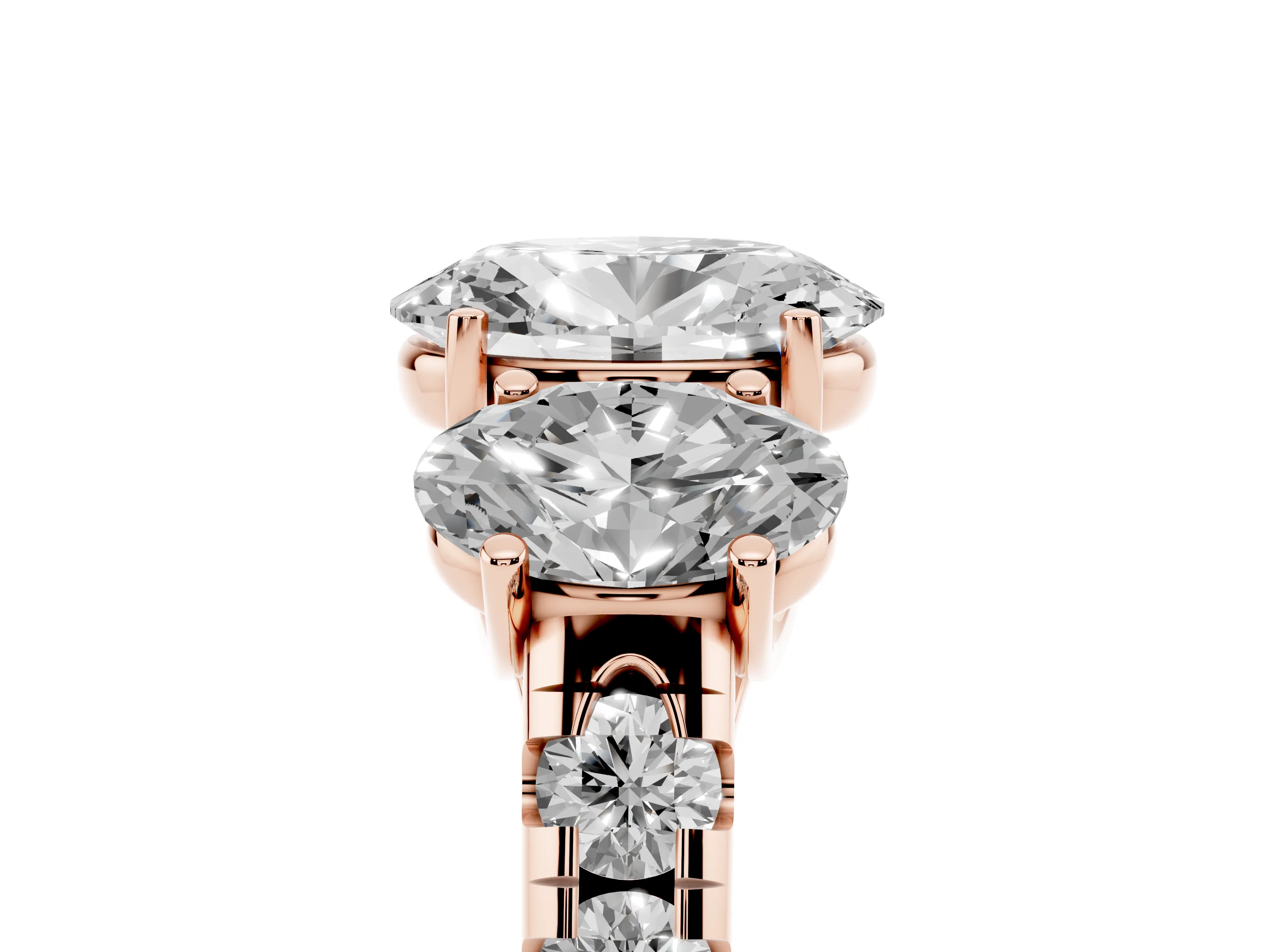 Oval Cut Diamond Three-Stone Ring Set in Rose gold with Pavé Band