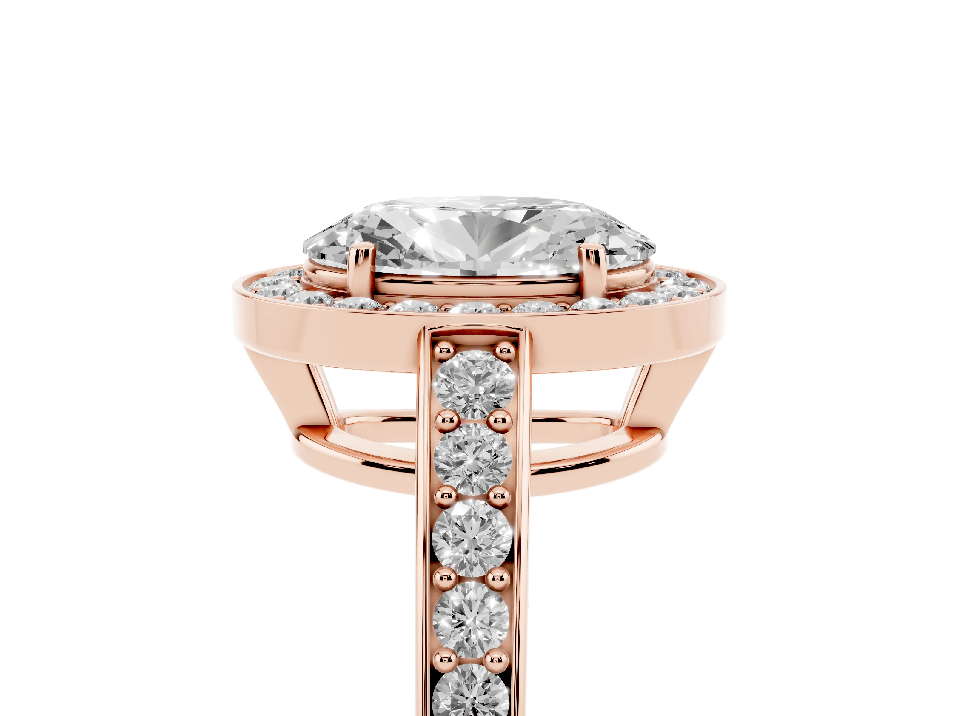 Oval Cut Diamond Halo Pavé Engagement Ring Set in Rose gold with Bezel Setting