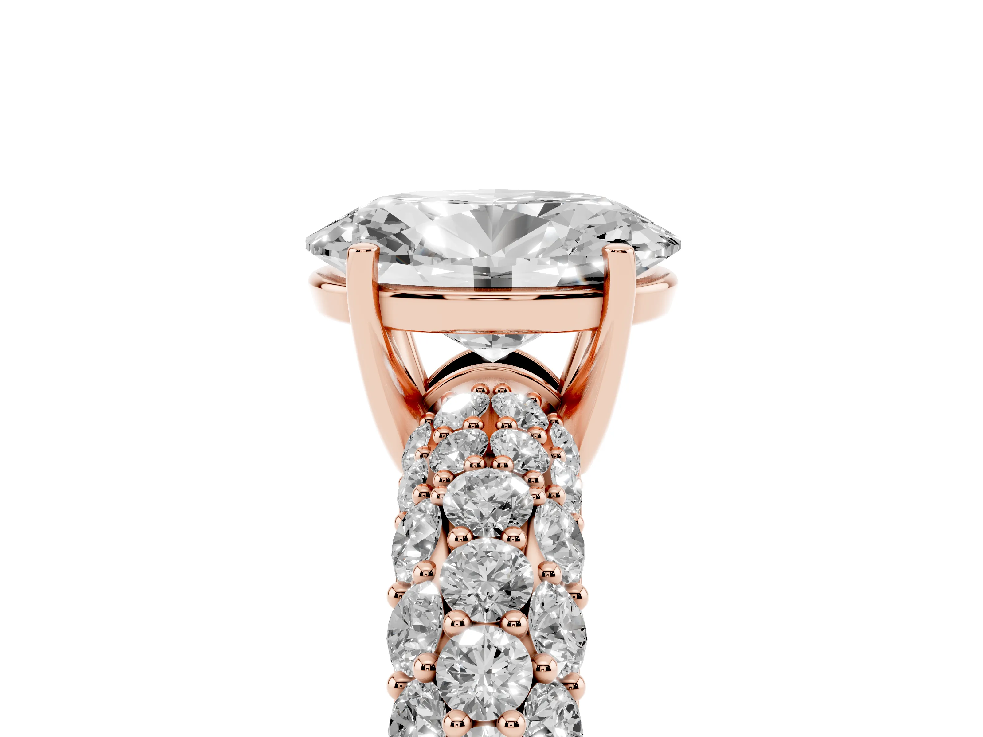 Oval Cut Diamond Pavé Band Solitaire Ring Set in Rose gold with Close-Set Accent Stones and Prong Setting