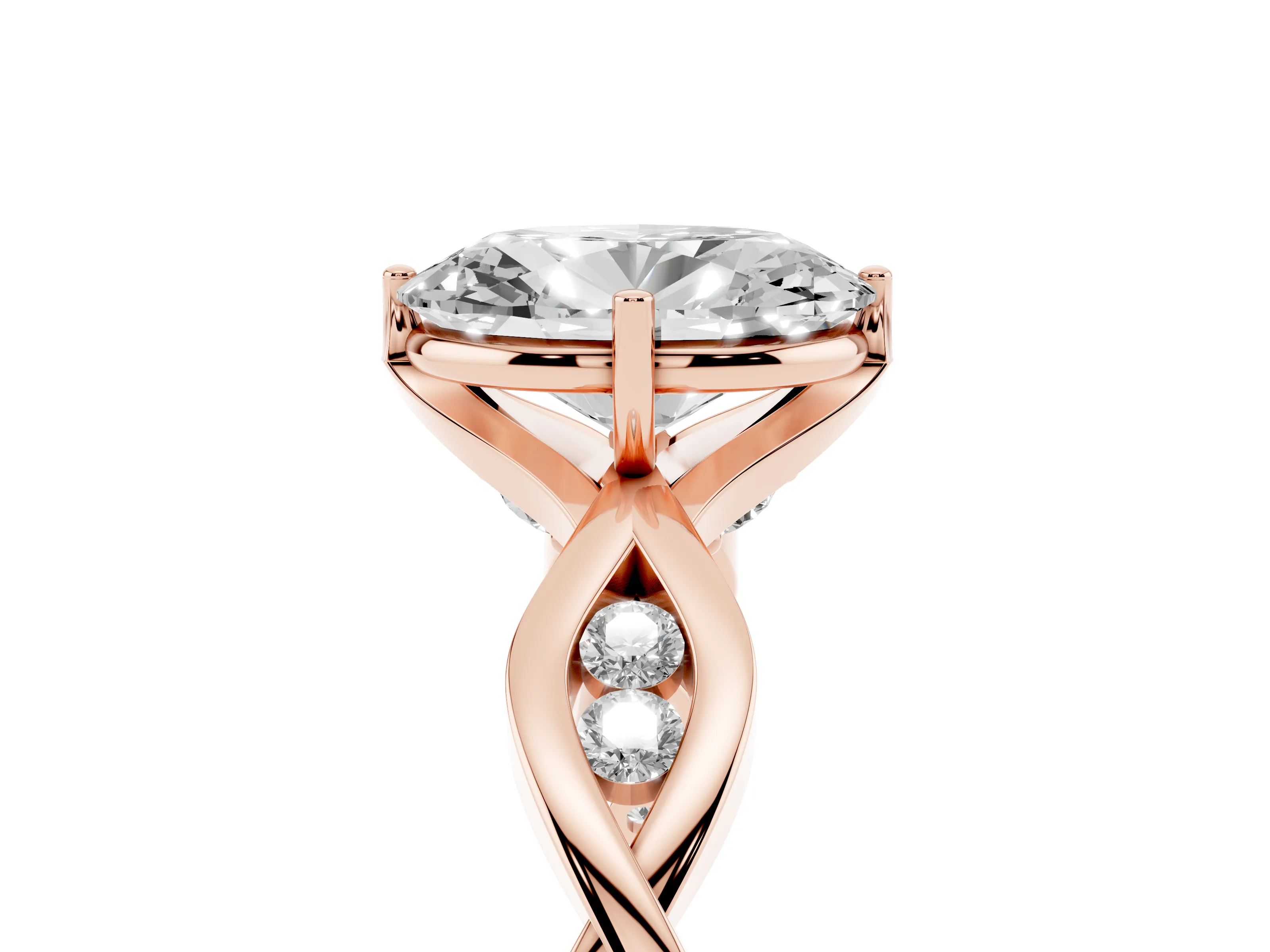 Oval Cut Diamond Twist Band Solitaire Ring Set in Rose gold with Leaf Prong Setting and Accent Stones