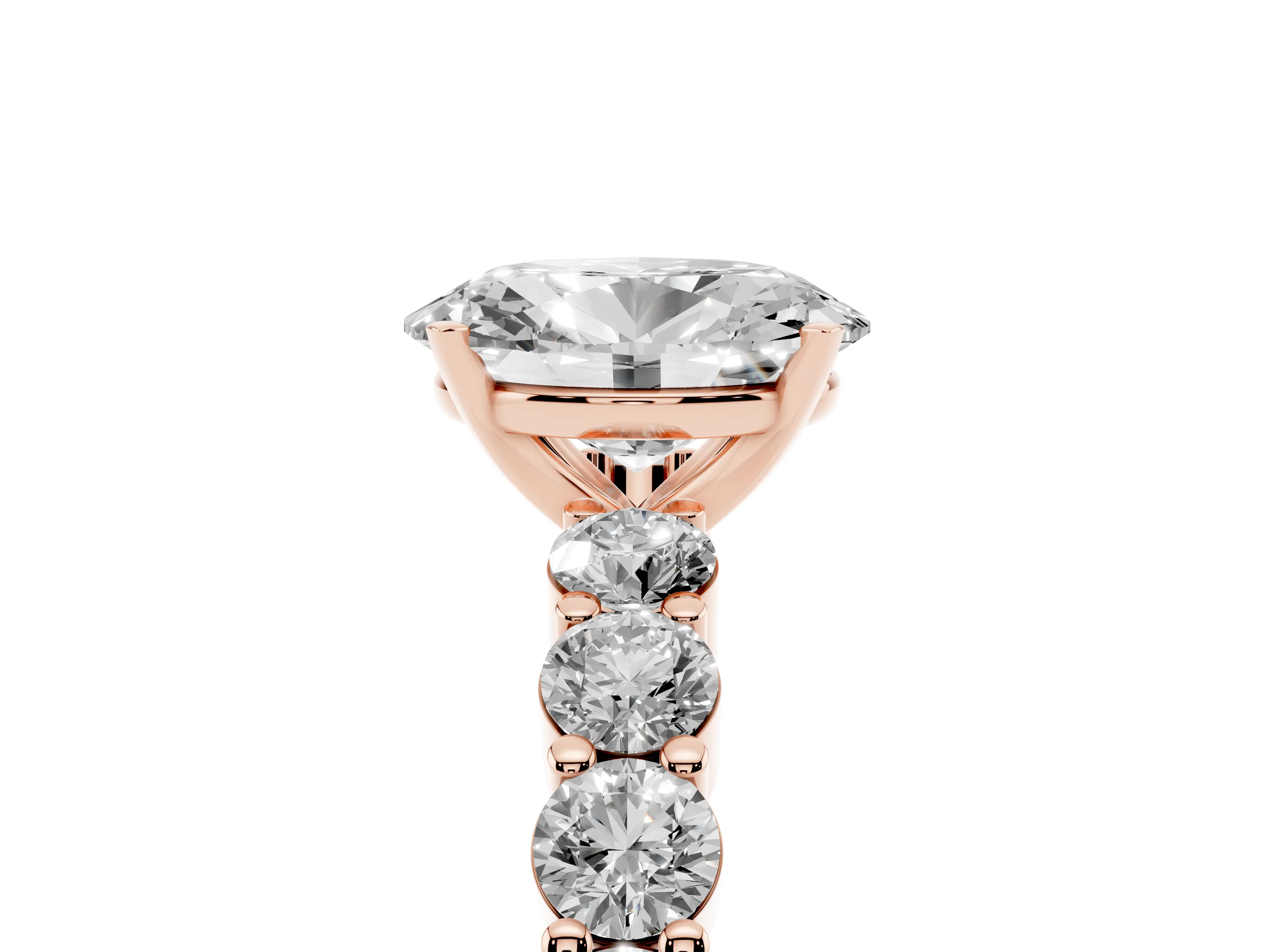Oval Cut Diamond Solitaire Ring Set in Rose gold with Shared Prong Round Side Stones