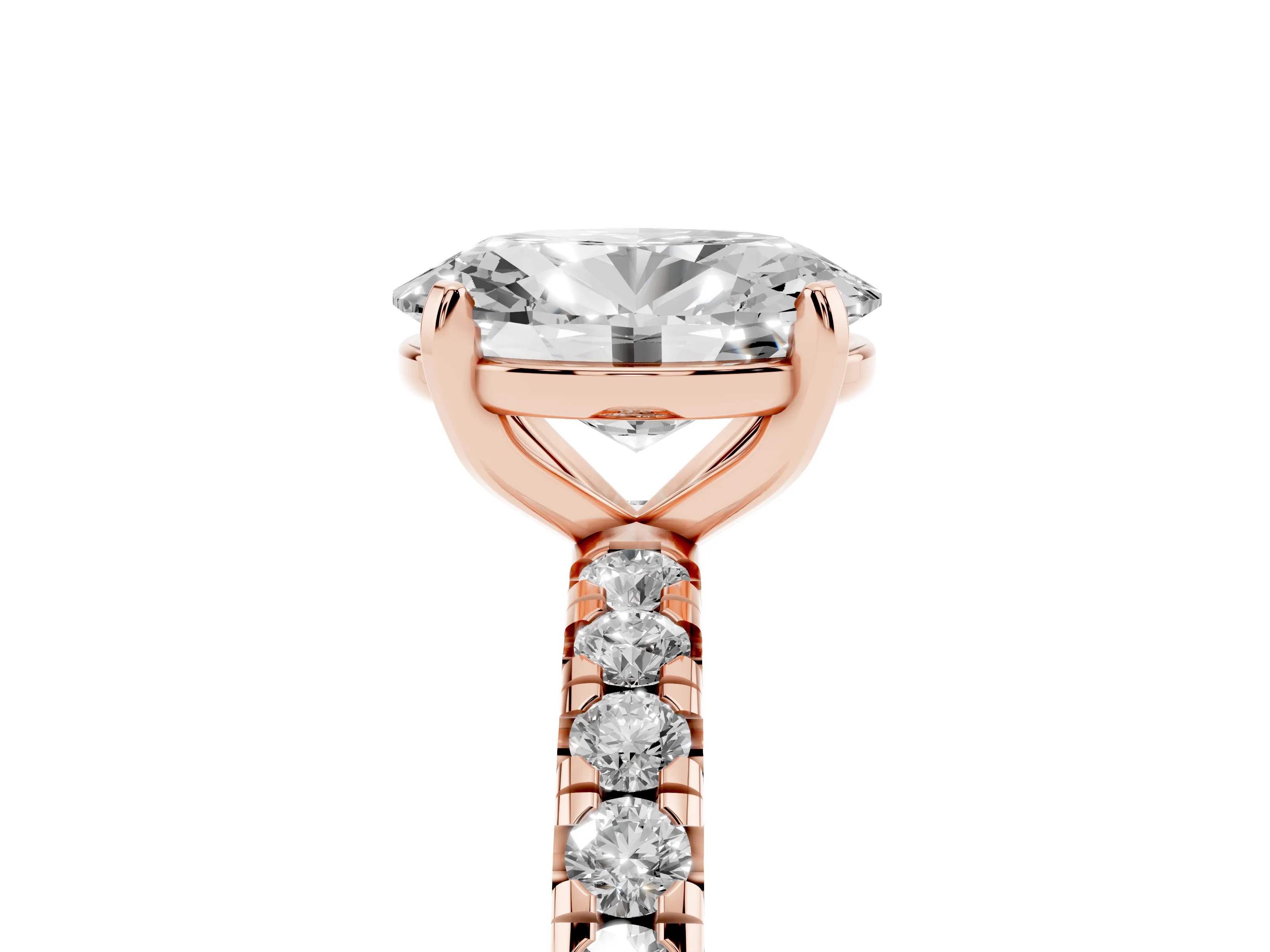 Oval Cut Diamond Pavé Solitaire Ring Set in Rose gold with Round Band and Prong Setting