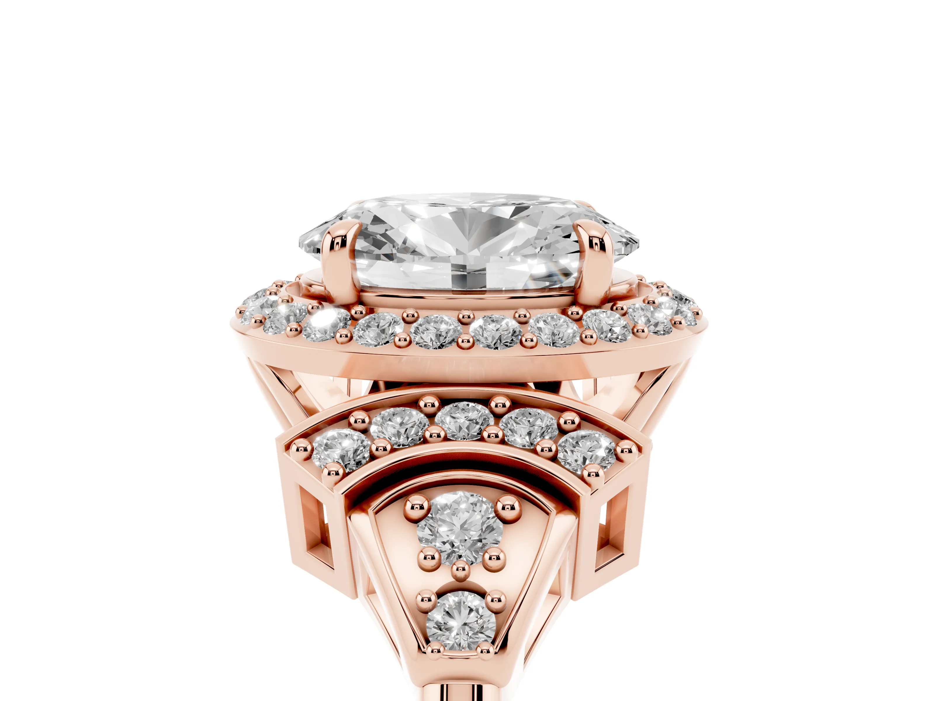 Oval Cut Diamond Halo Engagement Ring Set in Rose gold with Accent Stone Split Shank