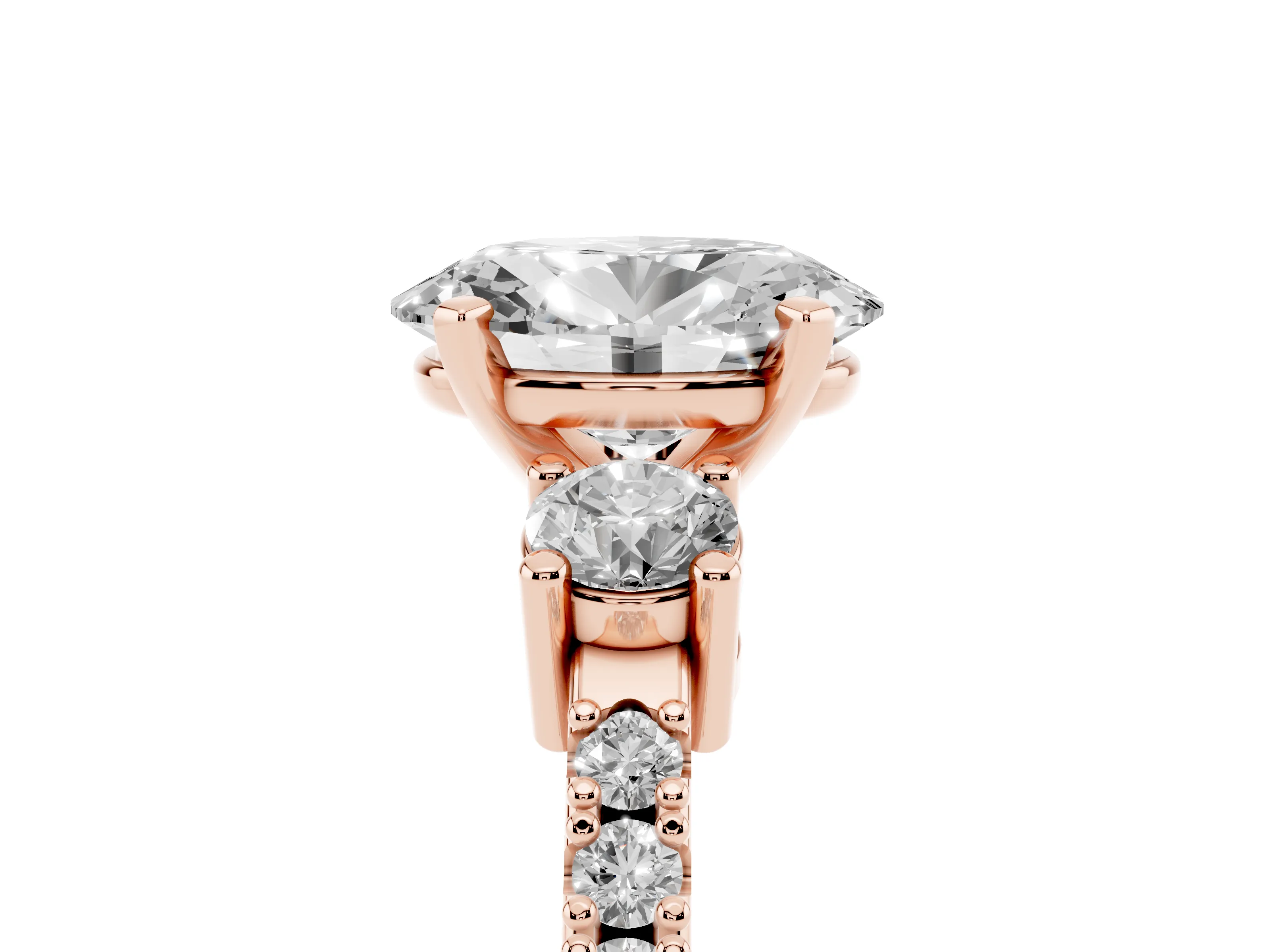 Three-Stone Oval Cut Diamond Pavé Band Ring Set in Rose gold with Prong Setting