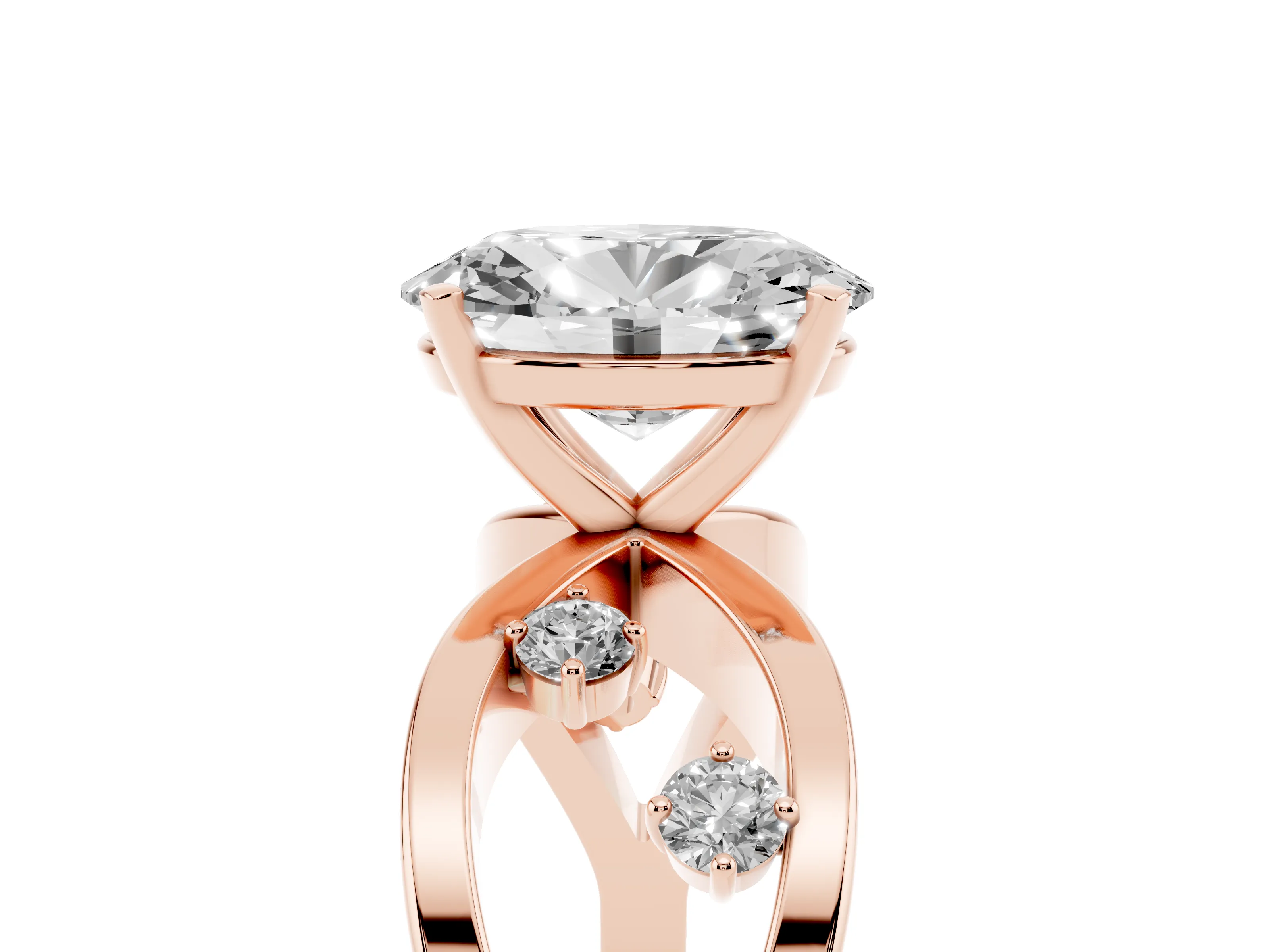 Oval Cut Diamond Solitaire Ring Set in Rose gold with Side Stones on Criss-Cross Band and Prong Setting