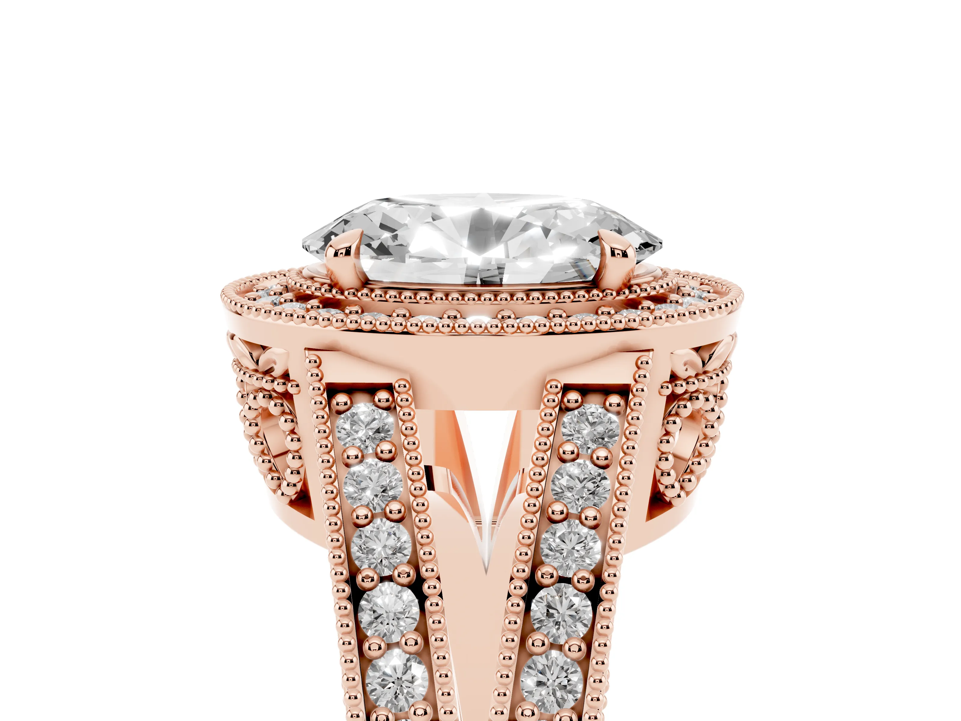Oval Cut Diamond Halo Ring Set in Rose gold with Stone-Set Split Shank and Milgrain Edges