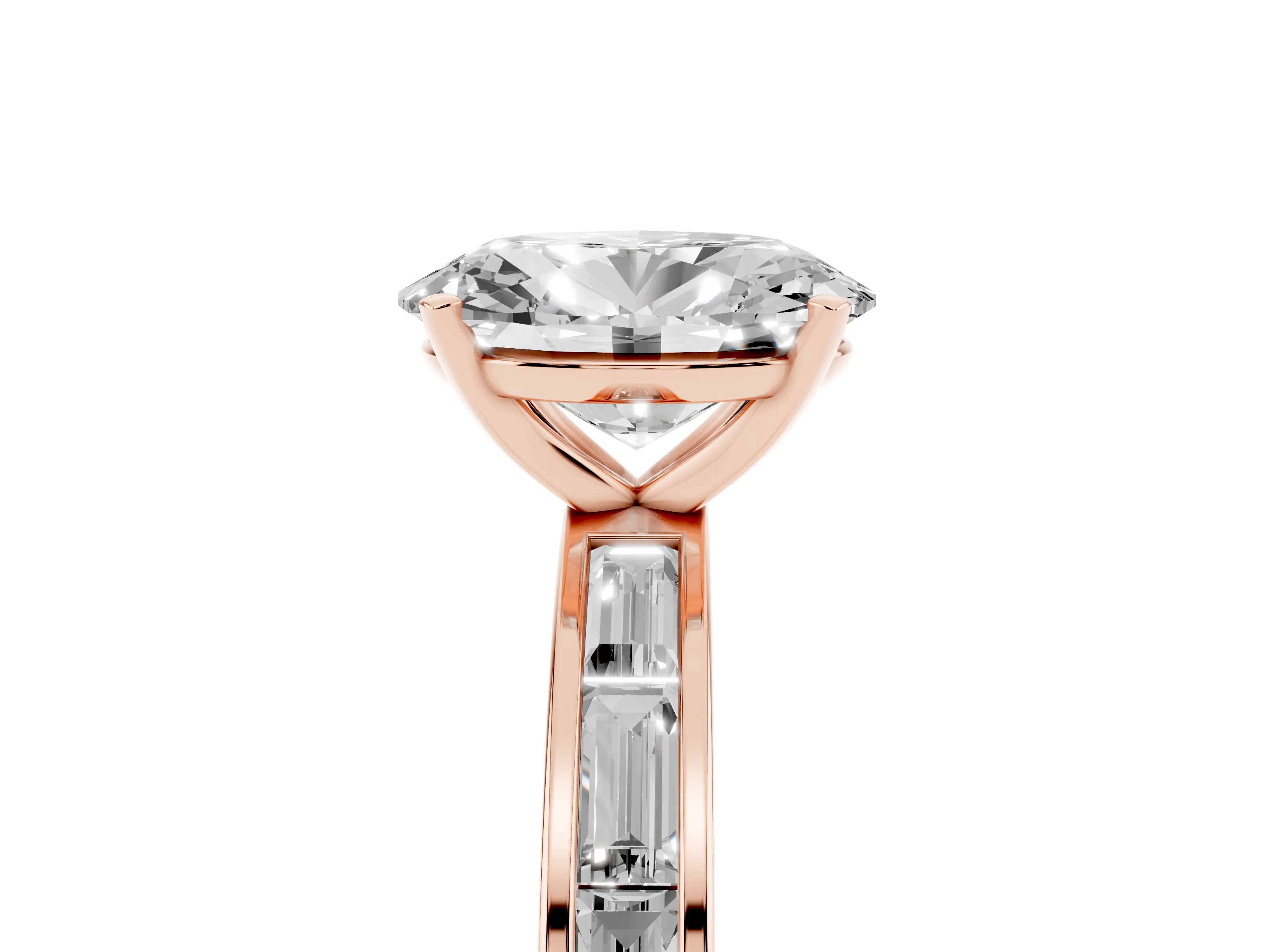 Oval Cut Diamond Solitaire Ring Set in Rose gold with Channel-Set Baguette Band and Prong Setting