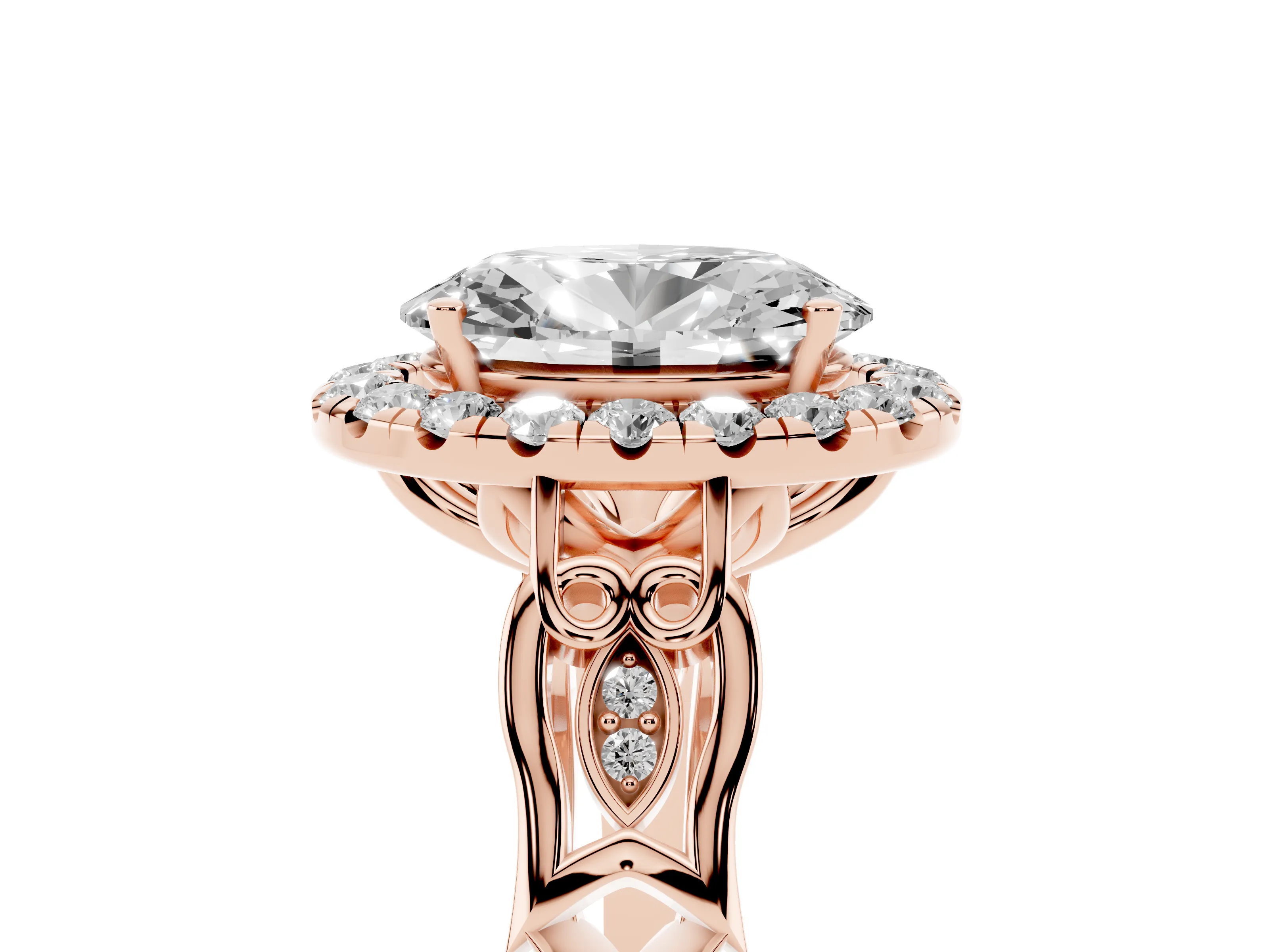 Oval Cut Diamond Halo Engagement Ring Set in Rose gold with Filigree Band and Prong-Set Center