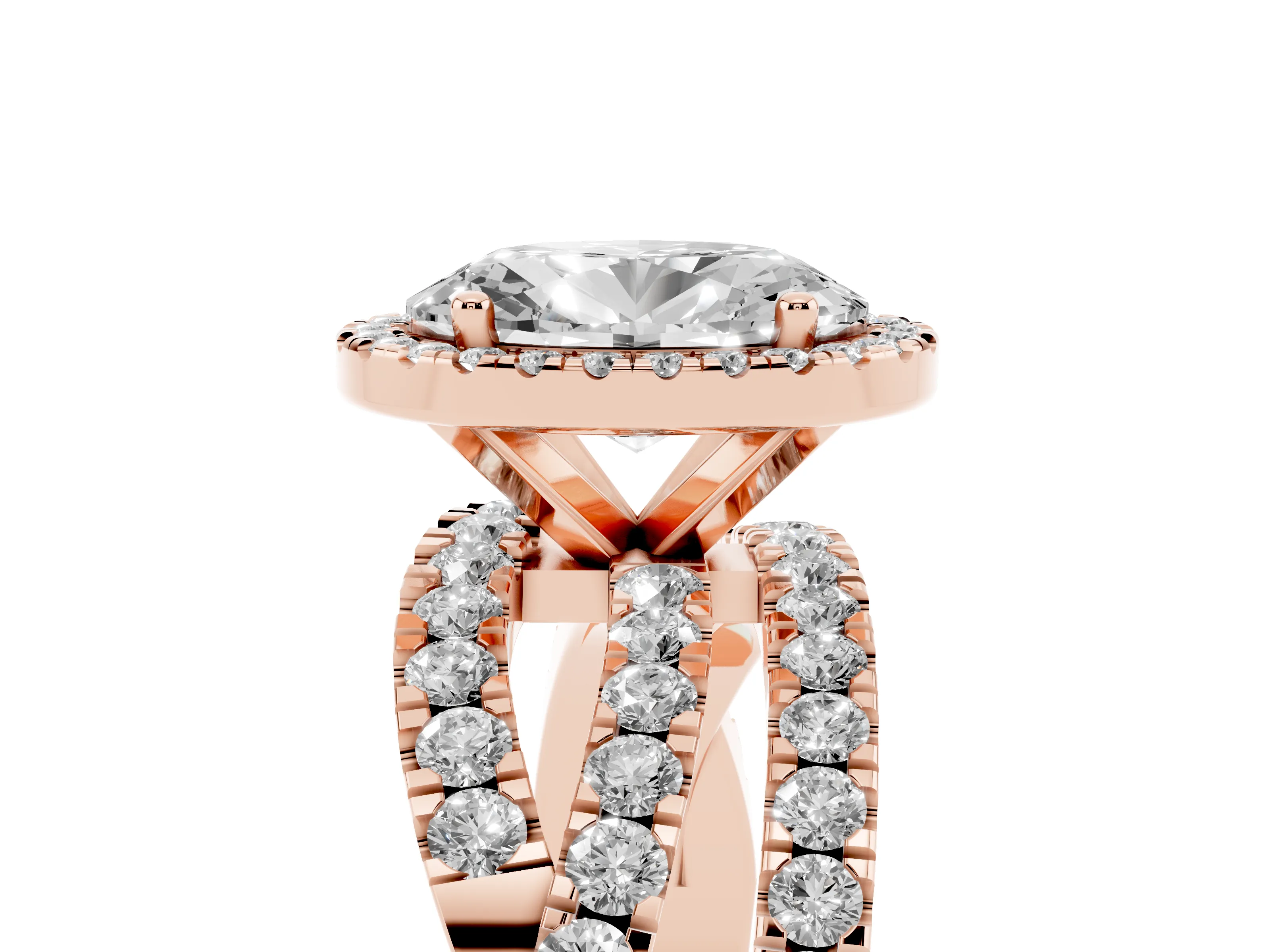 Oval Cut Diamond Halo Ring Set in Rose gold with Round Crossover Split Shank and Prong Setting