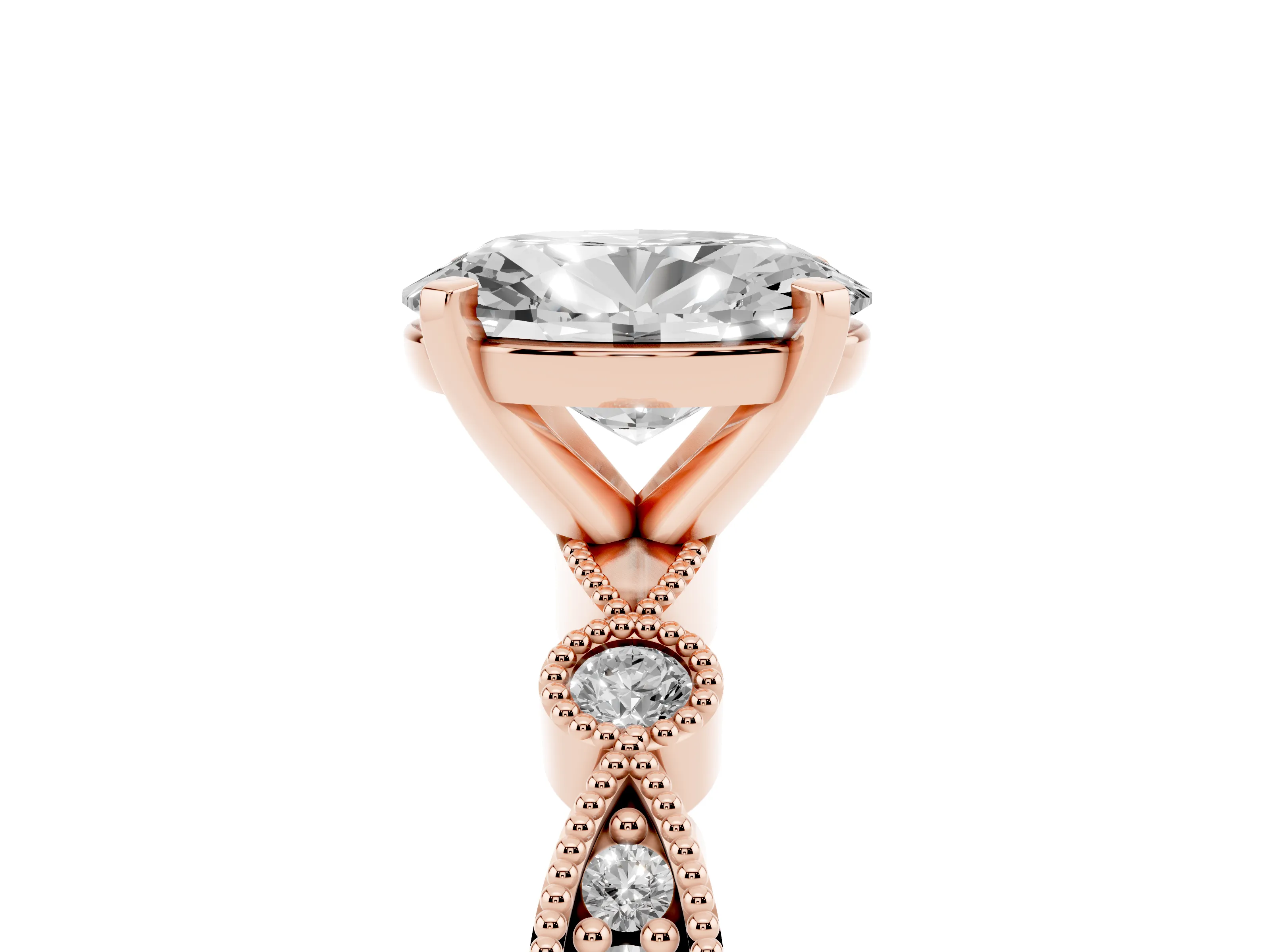 Oval Cut Diamond Solitaire Engagement Ring Set in Rose gold with Milgrain Bezel Accent Band