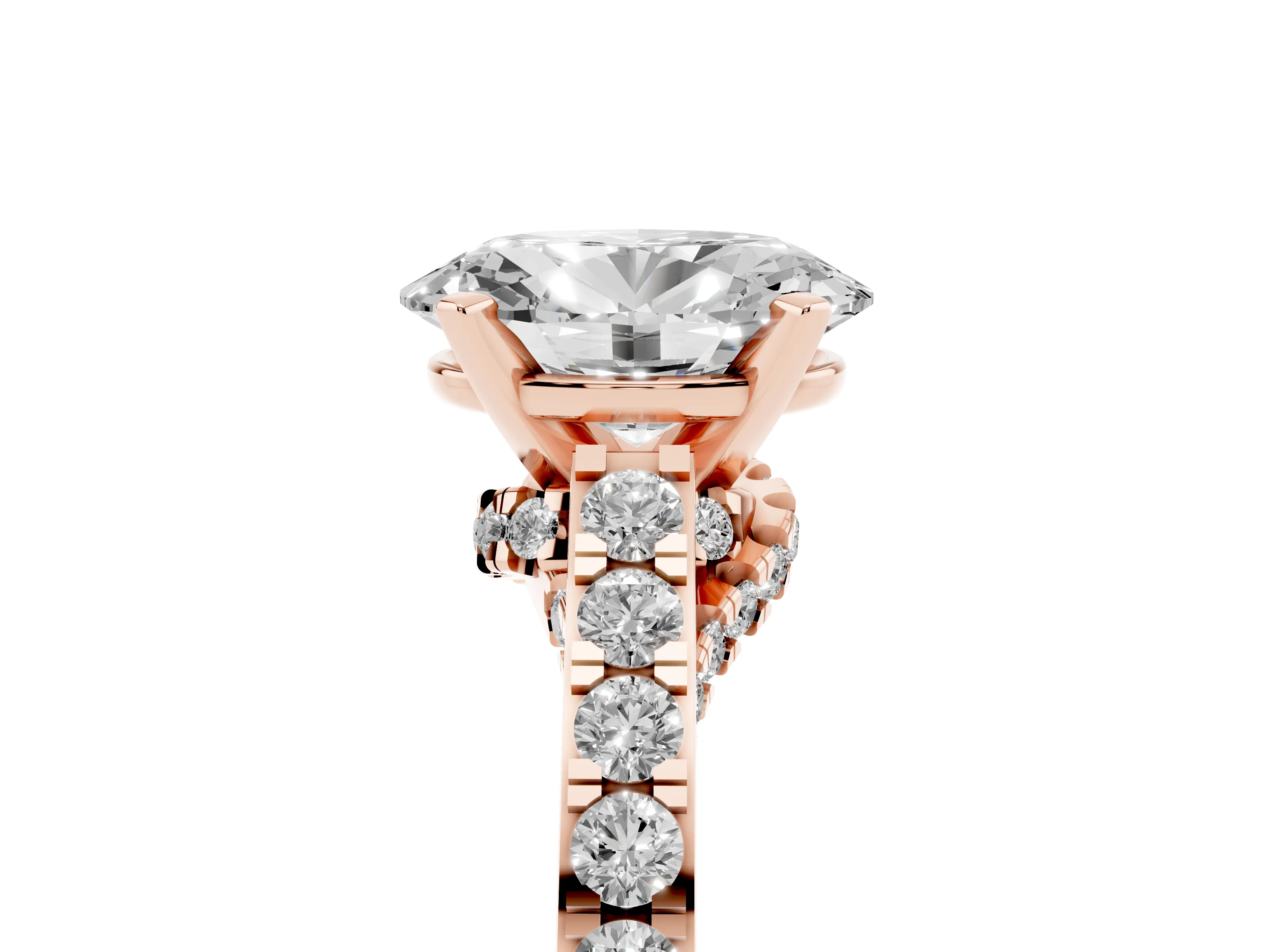 Oval Cut Diamond Solitaire Ring Set in Rose gold with Crossover Gallery and Round Pavé Band